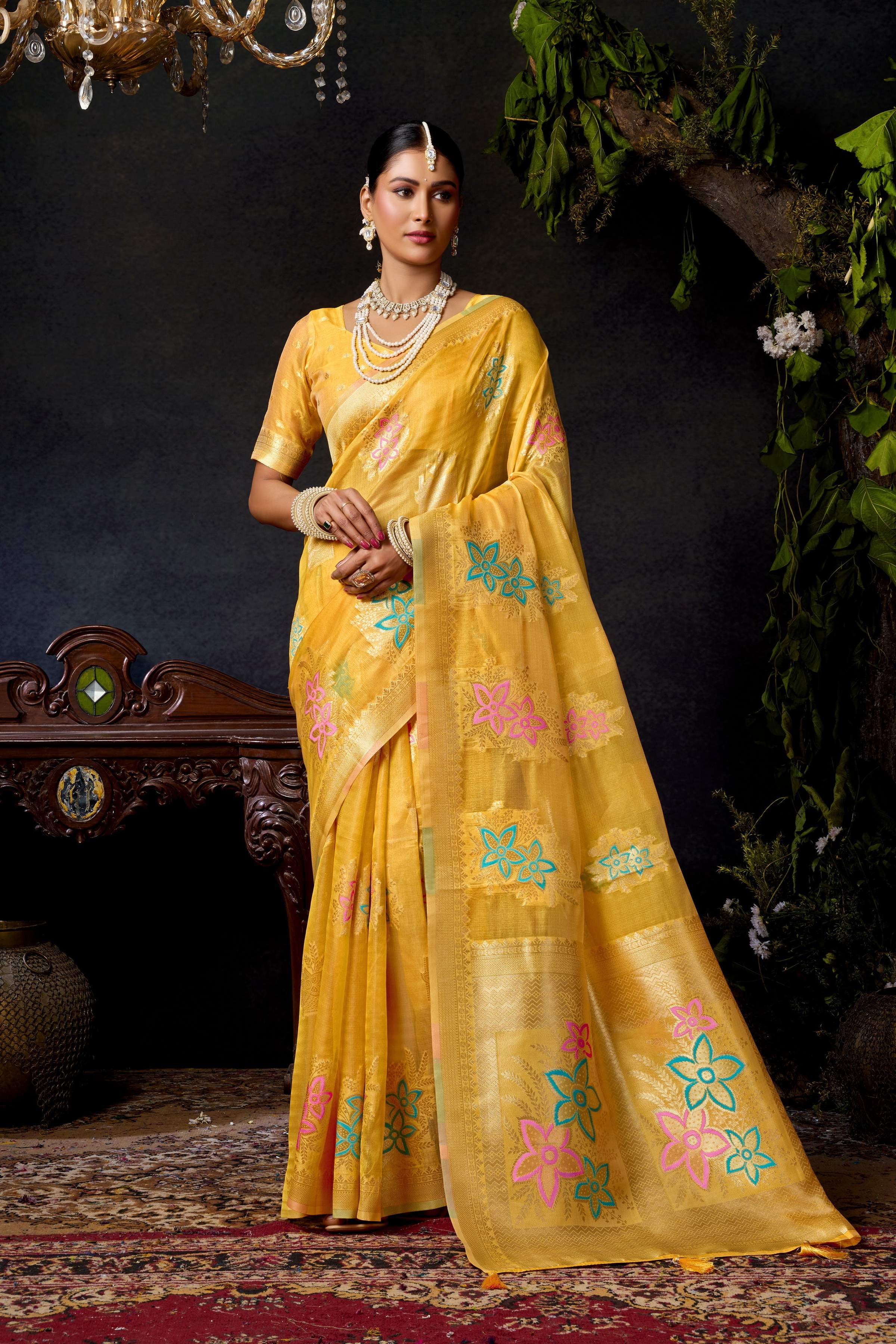 Jyoti Fashion Women's Yellow Organza Khadi Zari Woven Saree with Blouse - Distacart