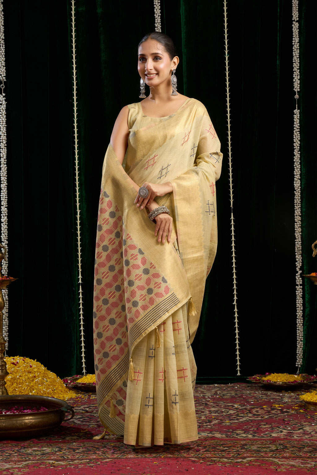 Jyoti Fashion Women's Beige Soft Spun Cotton Zari Woven Saree with Blouse - Distacart