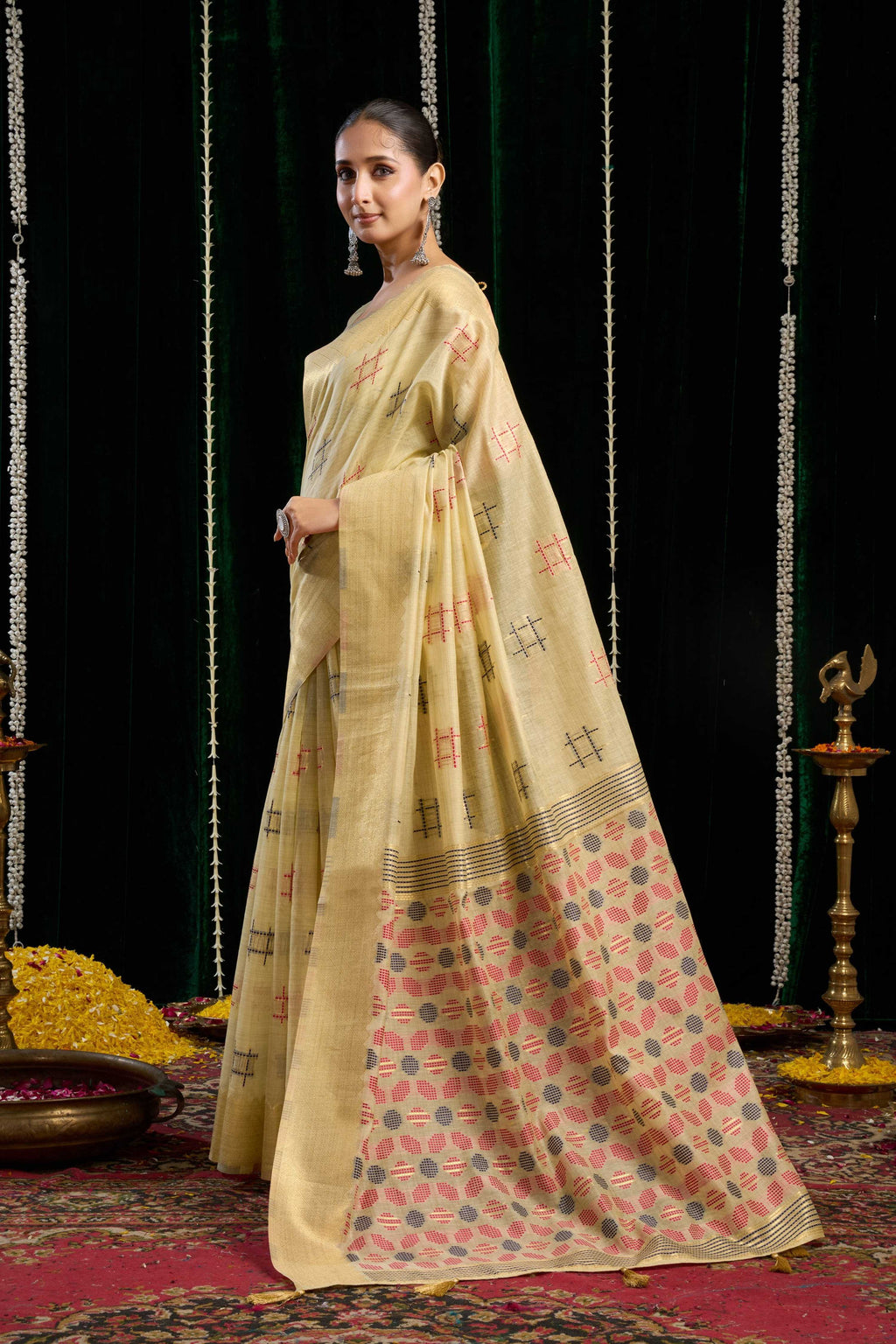 Jyoti Fashion Women's Beige Soft Spun Cotton Zari Woven Saree with Blouse - Distacart