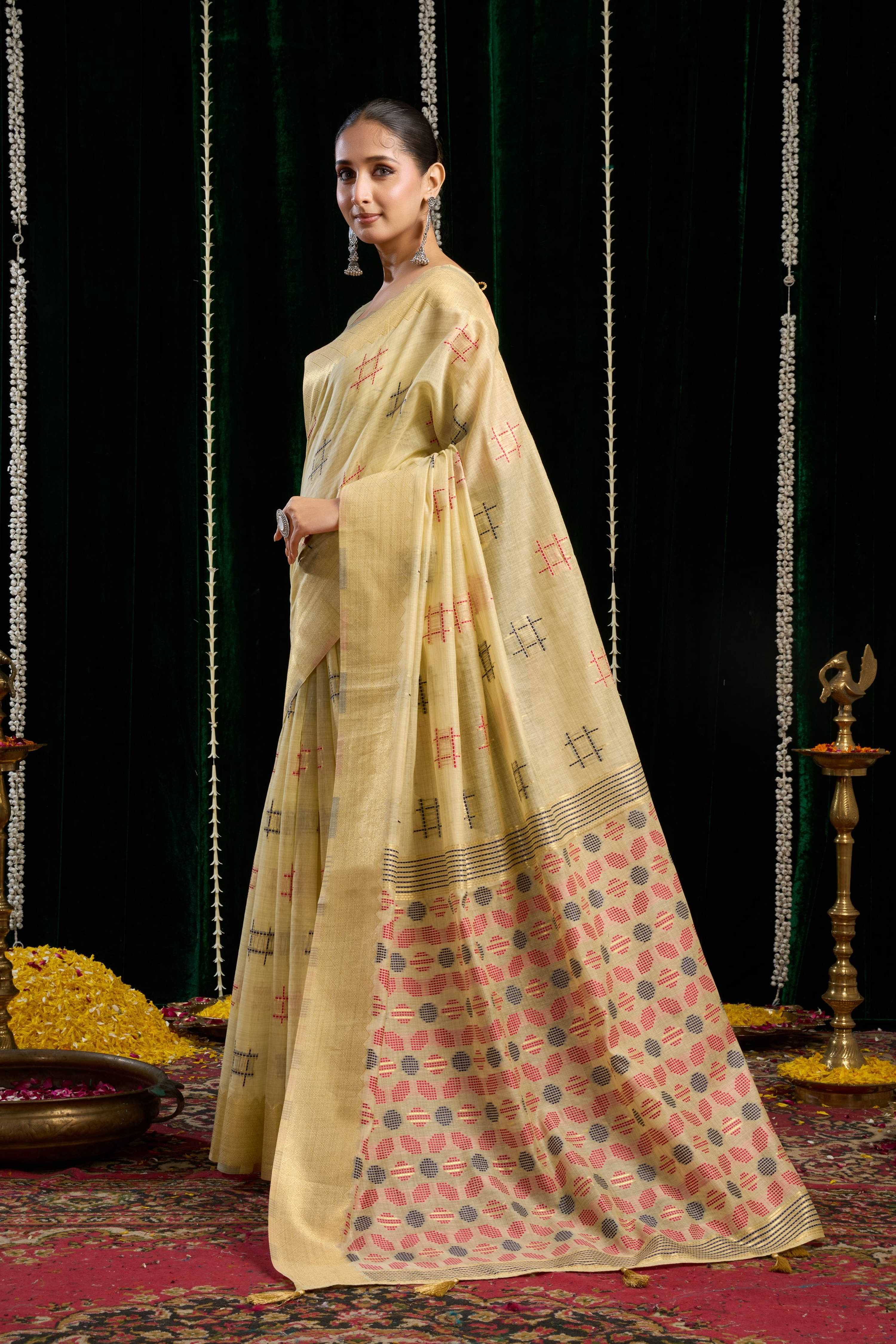 Jyoti Fashion Women's Beige Soft Spun Cotton Zari Woven Saree with Blouse - Distacart
