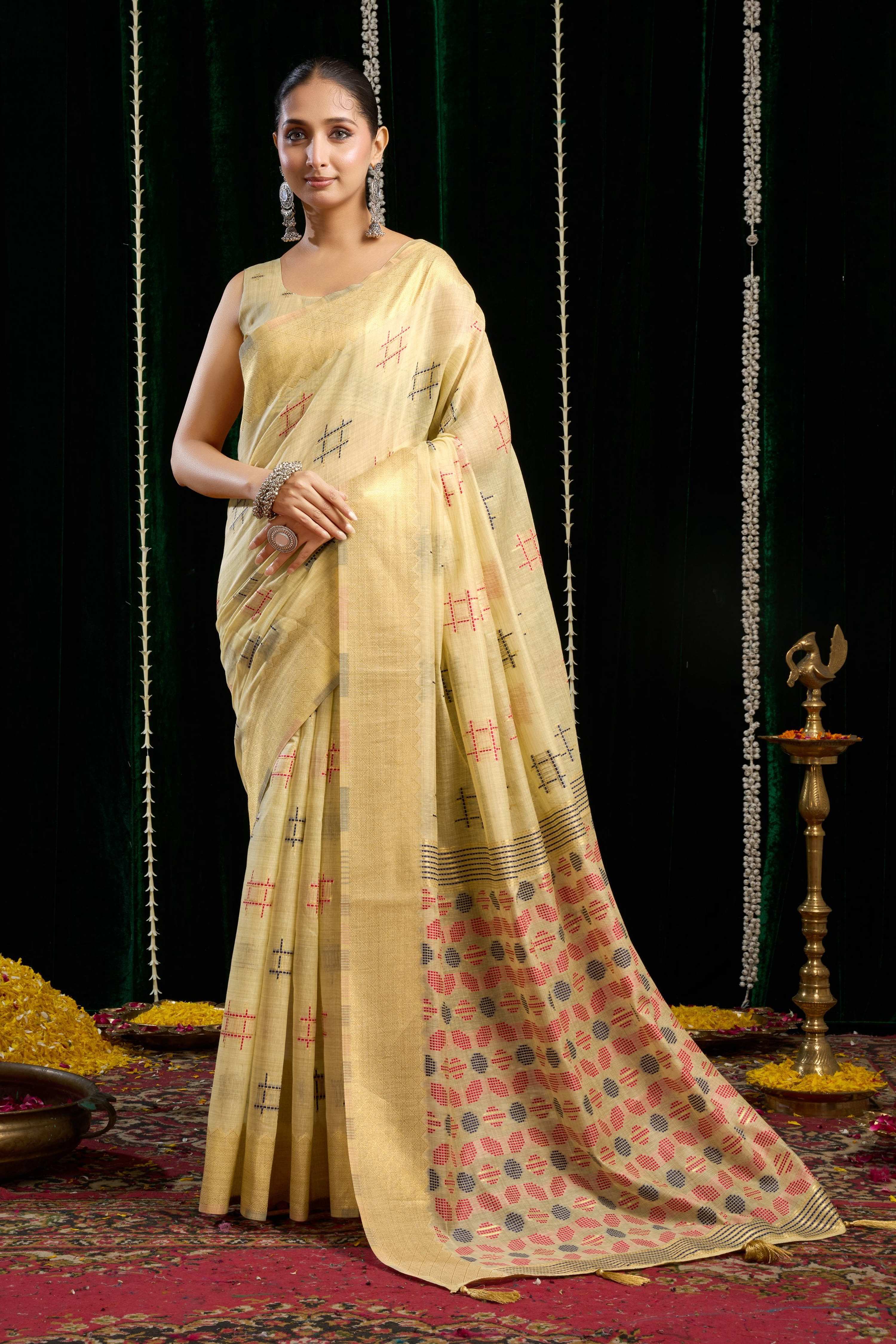 Jyoti Fashion Women's Beige Soft Spun Cotton Zari Woven Saree with Blouse - Distacart