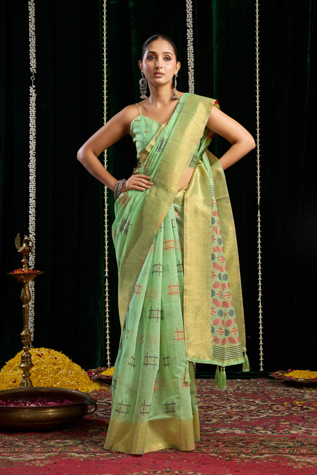 Jyoti Fashion Women's Green Soft Spun Cotton Zari Woven Saree with Blouse - Distacart