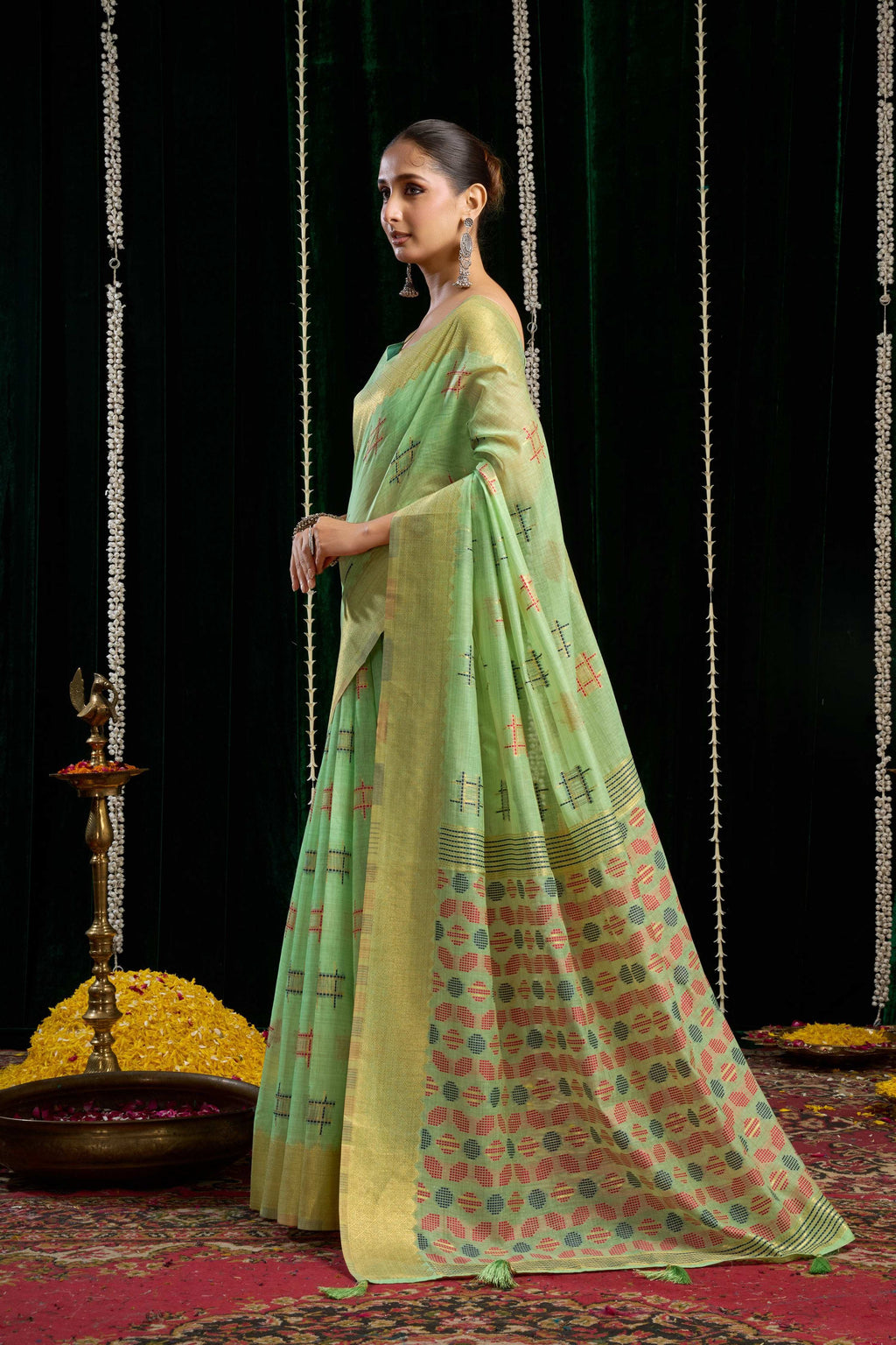 Jyoti Fashion Women's Green Soft Spun Cotton Zari Woven Saree with Blouse - Distacart