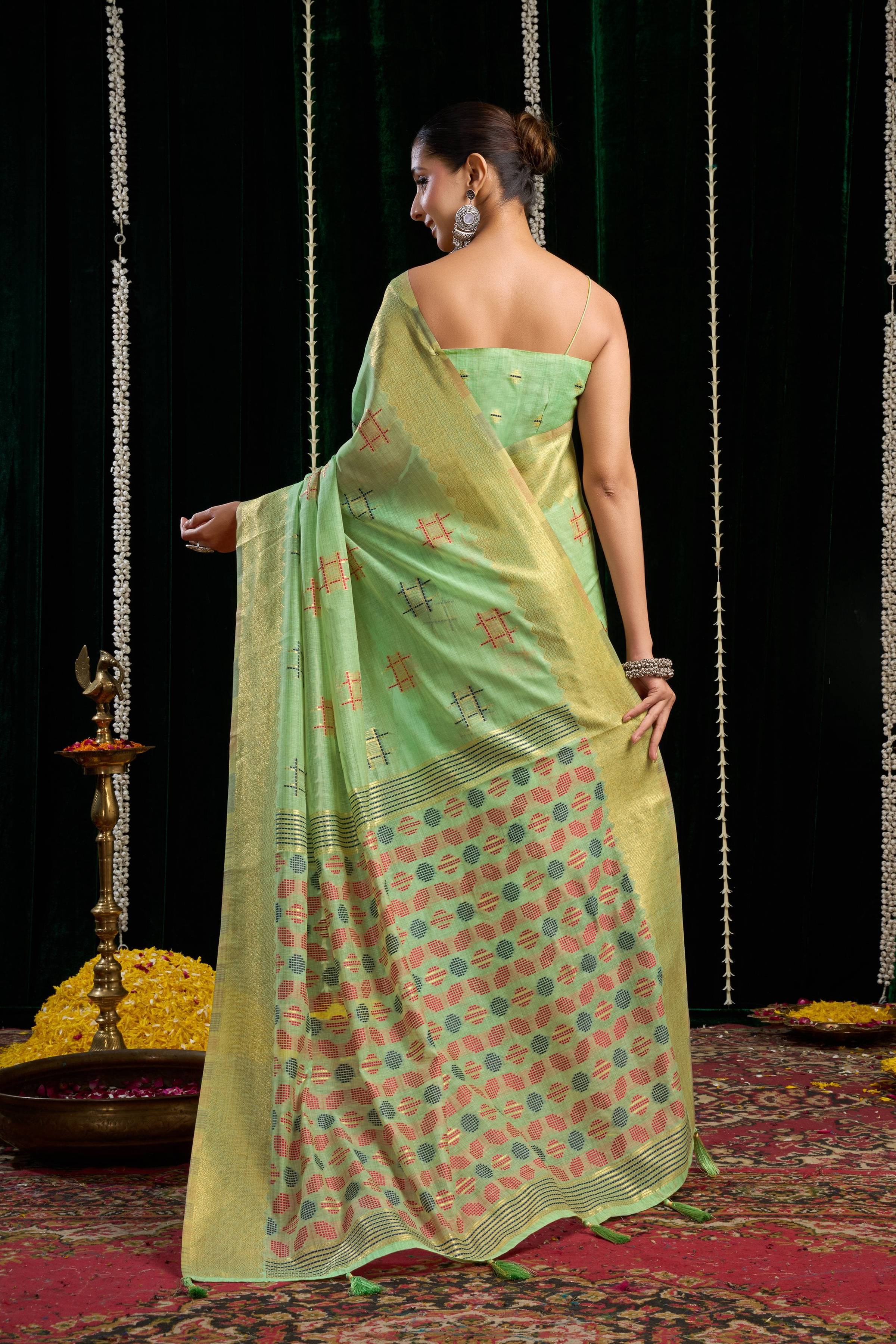 Jyoti Fashion Women's Green Soft Spun Cotton Zari Woven Saree with Blouse - Distacart