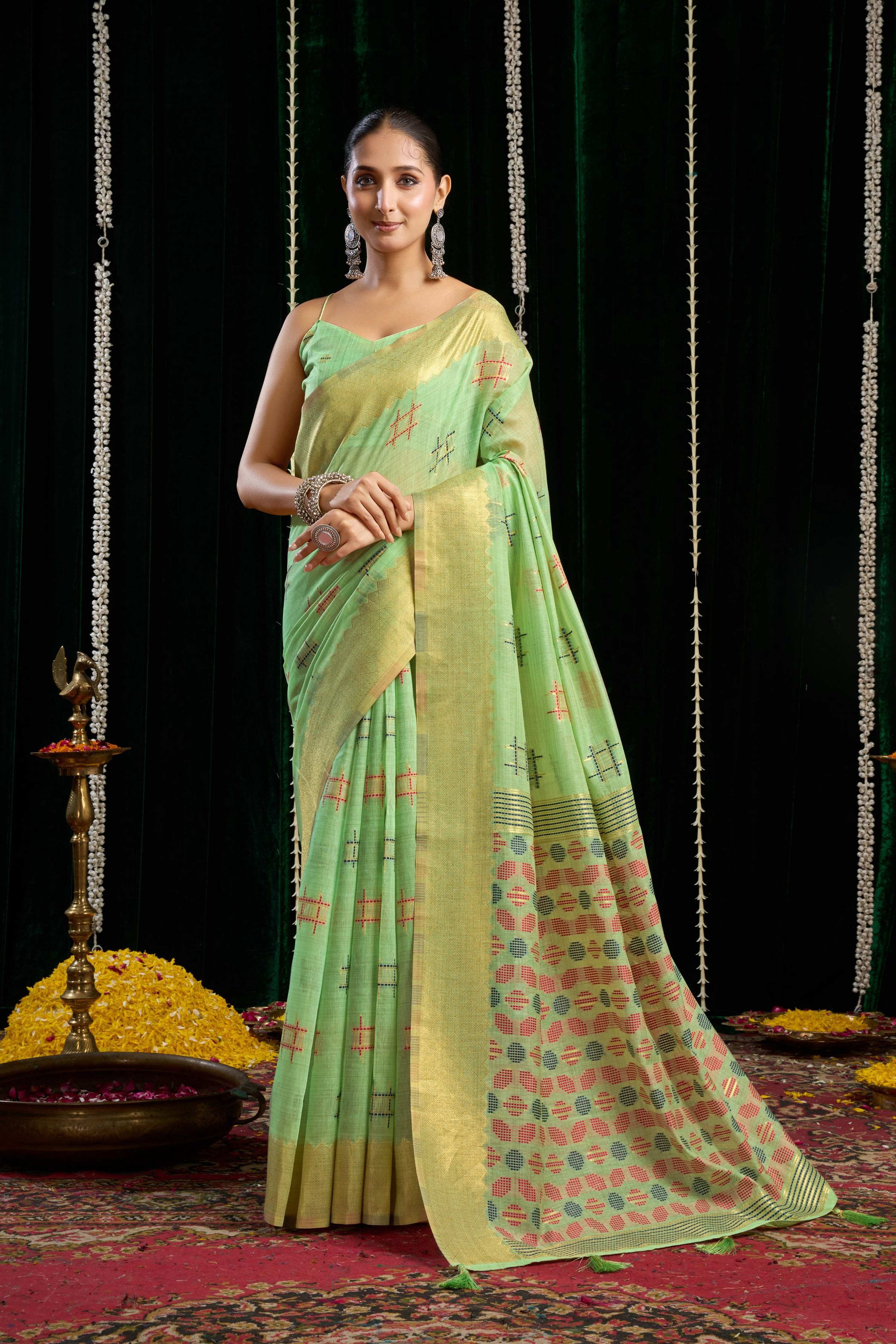 Jyoti Fashion Women's Green Soft Spun Cotton Zari Woven Saree with Blouse - Distacart