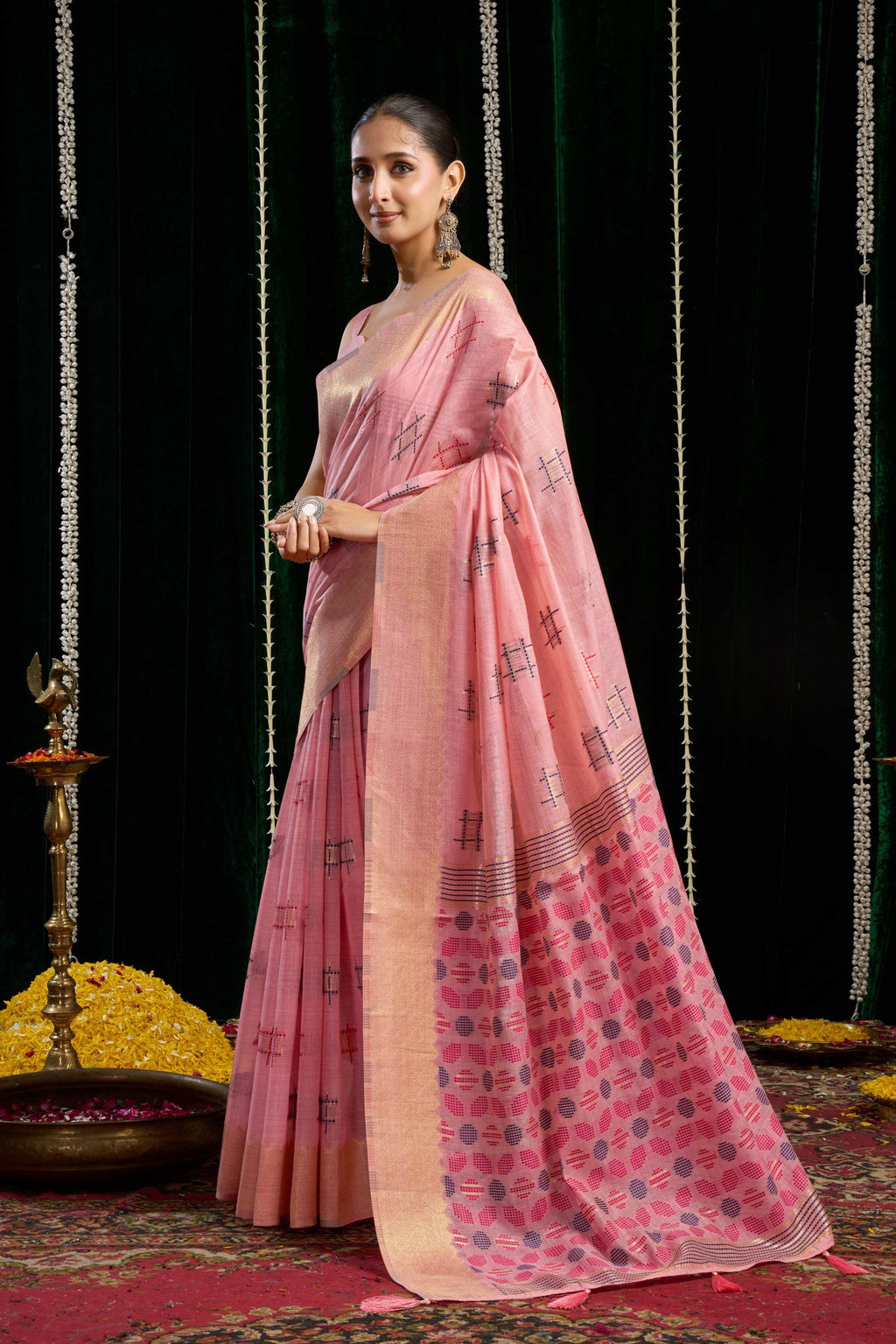 Jyoti Fashion Women's Pink Soft Spun Cotton Zari Woven Saree with Blouse - Distacart