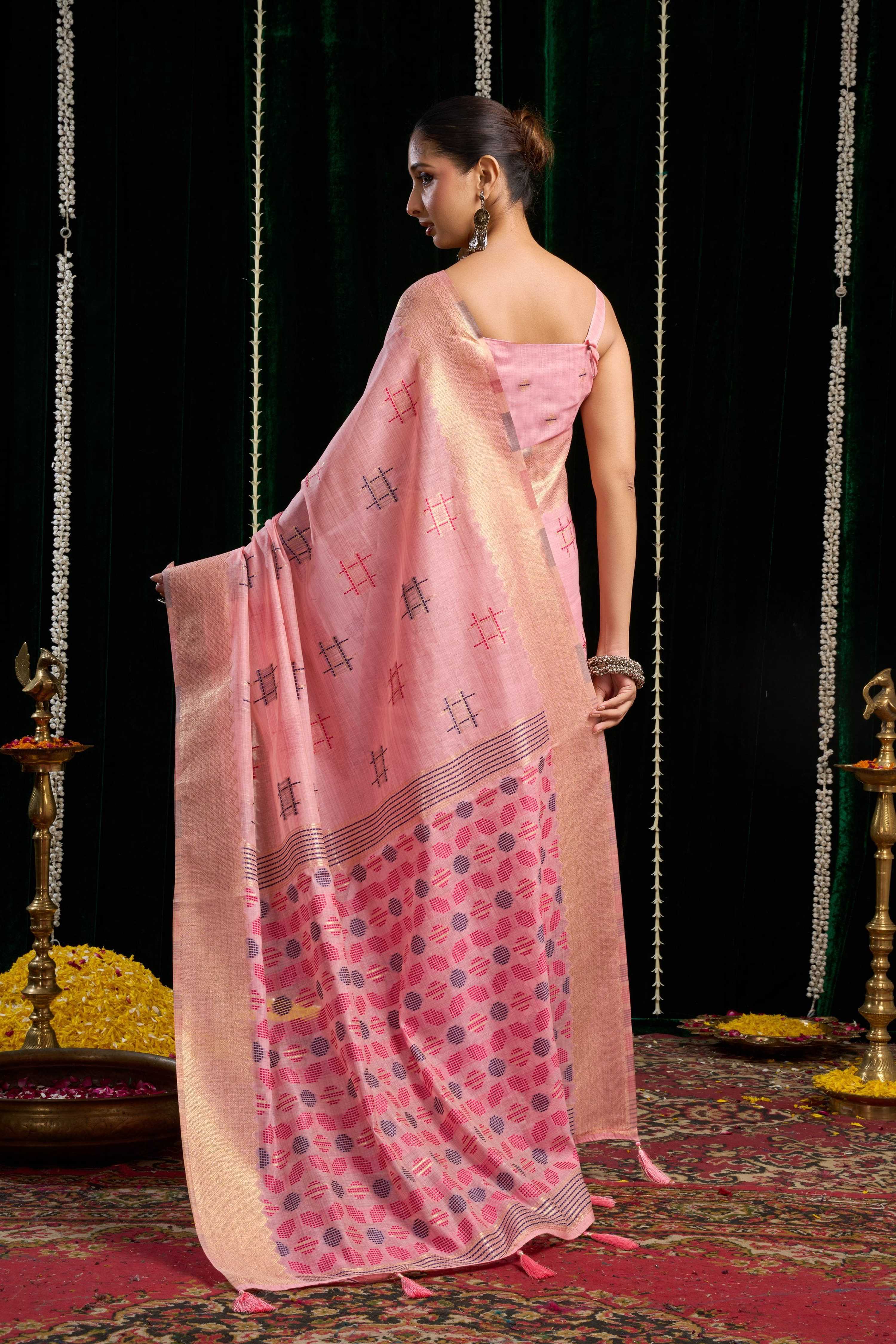 Jyoti Fashion Women's Pink Soft Spun Cotton Zari Woven Saree with Blouse - Distacart