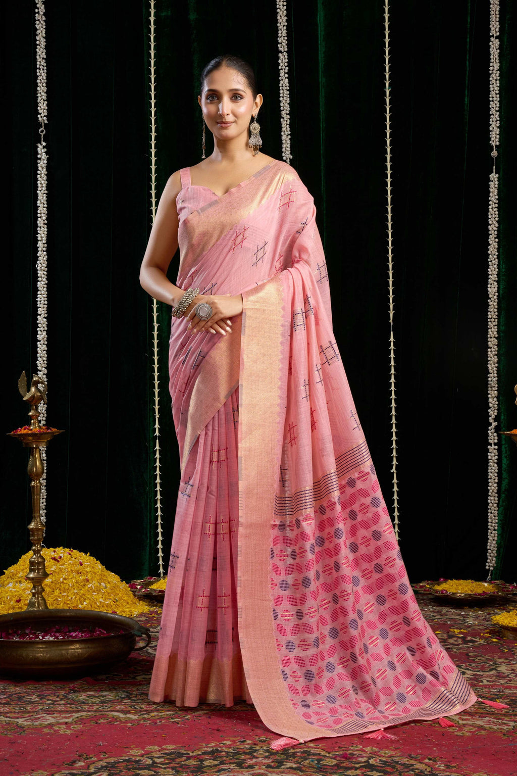 Jyoti Fashion Women's Pink Soft Spun Cotton Zari Woven Saree with Blouse - Distacart