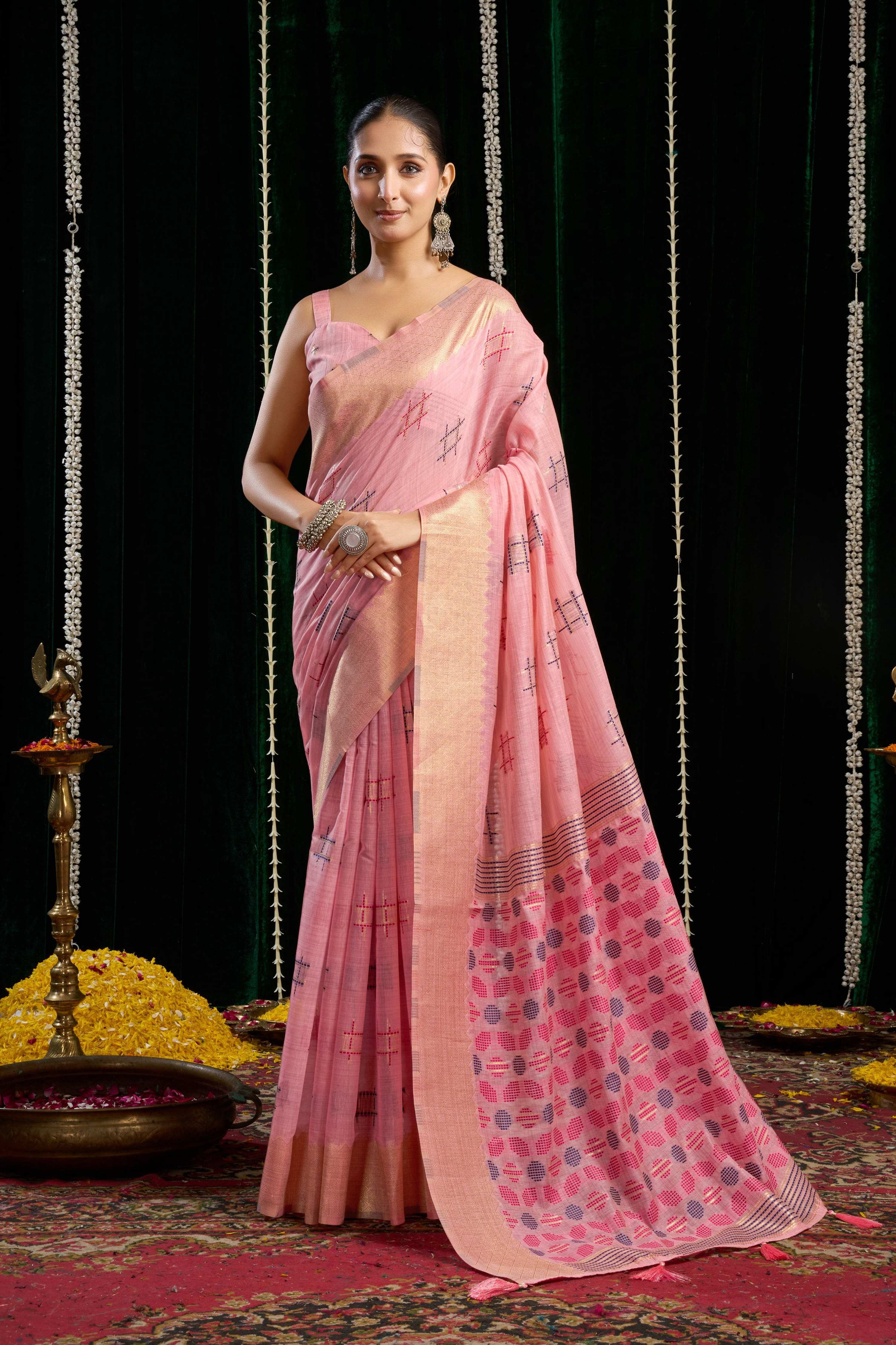 Jyoti Fashion Women's Pink Soft Spun Cotton Zari Woven Saree with Blouse - Distacart