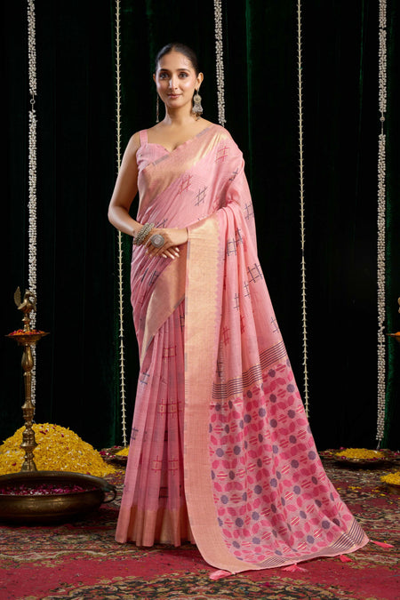 Jyoti Fashion Women's Pink Soft Spun Cotton Zari Woven Saree with Blouse