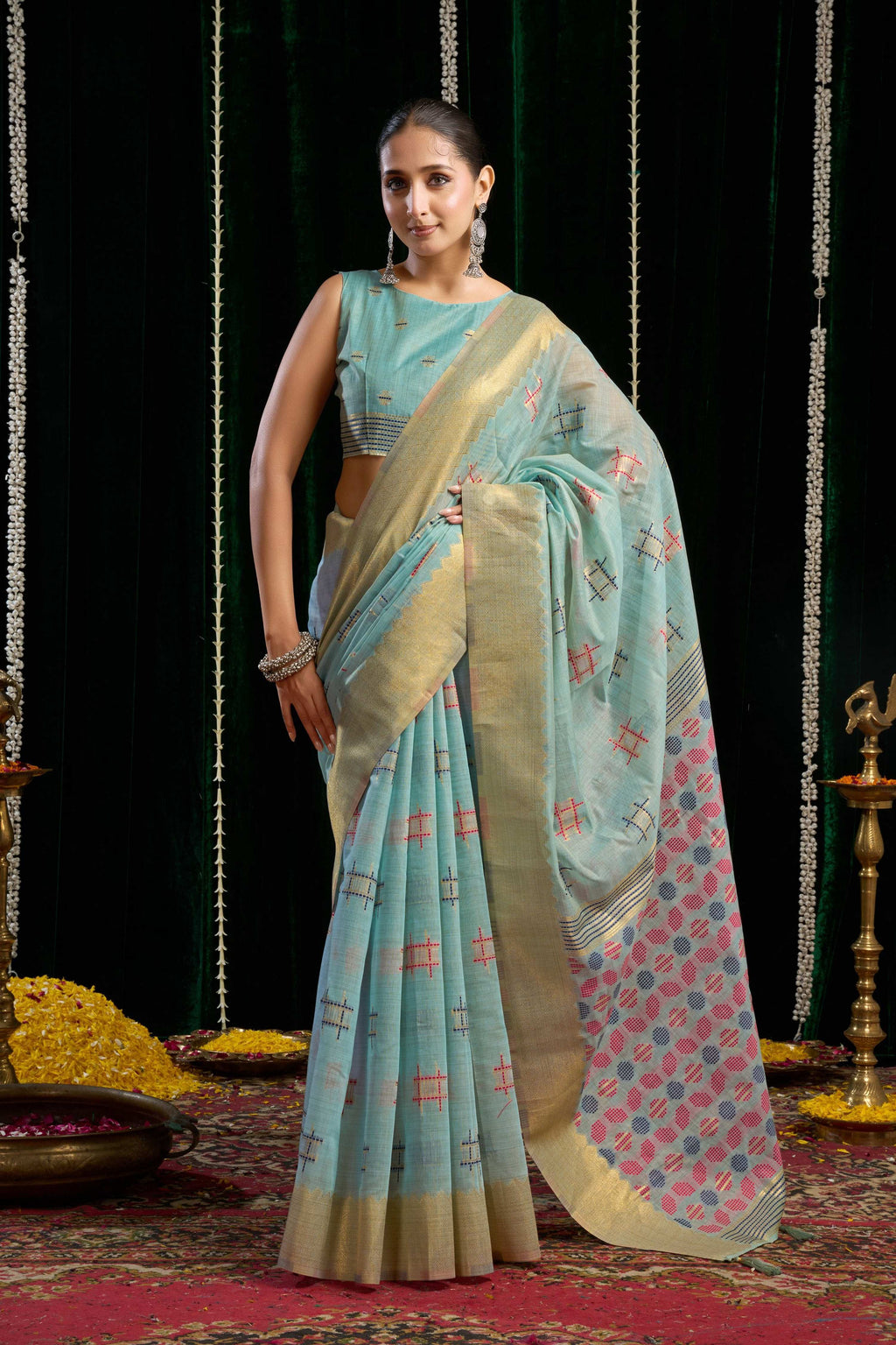 Jyoti Fashion Women's Turquoise Soft Spun Cotton Zari Woven Saree with Blouse - Distacart