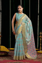 Jyoti Fashion Women's Turquoise Soft Spun Cotton Zari Woven Saree with Blouse - Distacart