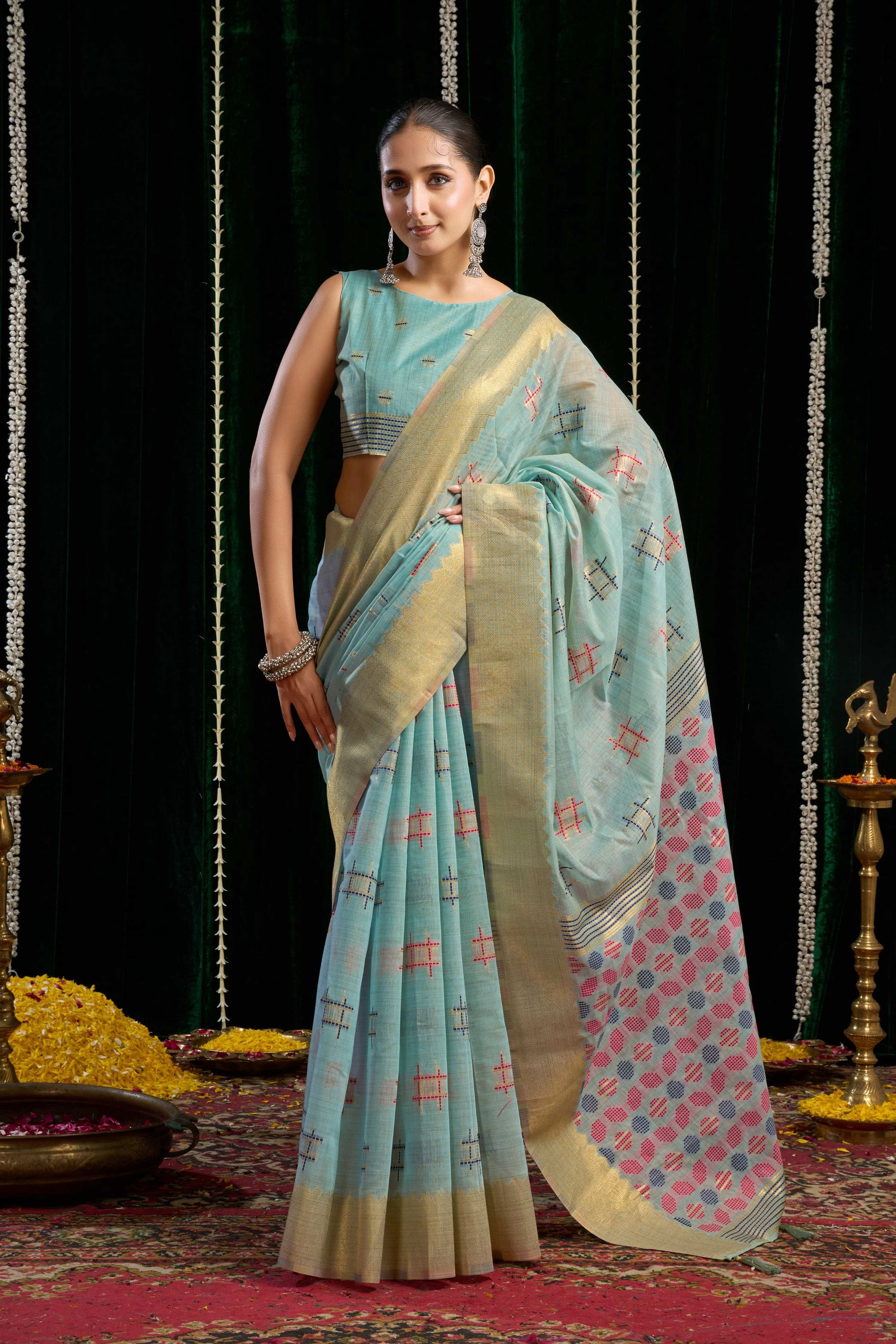 Jyoti Fashion Women's Turquoise Soft Spun Cotton Zari Woven Saree with Blouse - Distacart