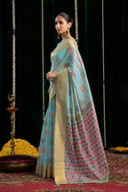 Jyoti Fashion Women's Turquoise Soft Spun Cotton Zari Woven Saree with Blouse - Distacart