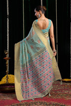 Jyoti Fashion Women's Turquoise Soft Spun Cotton Zari Woven Saree with Blouse - Distacart