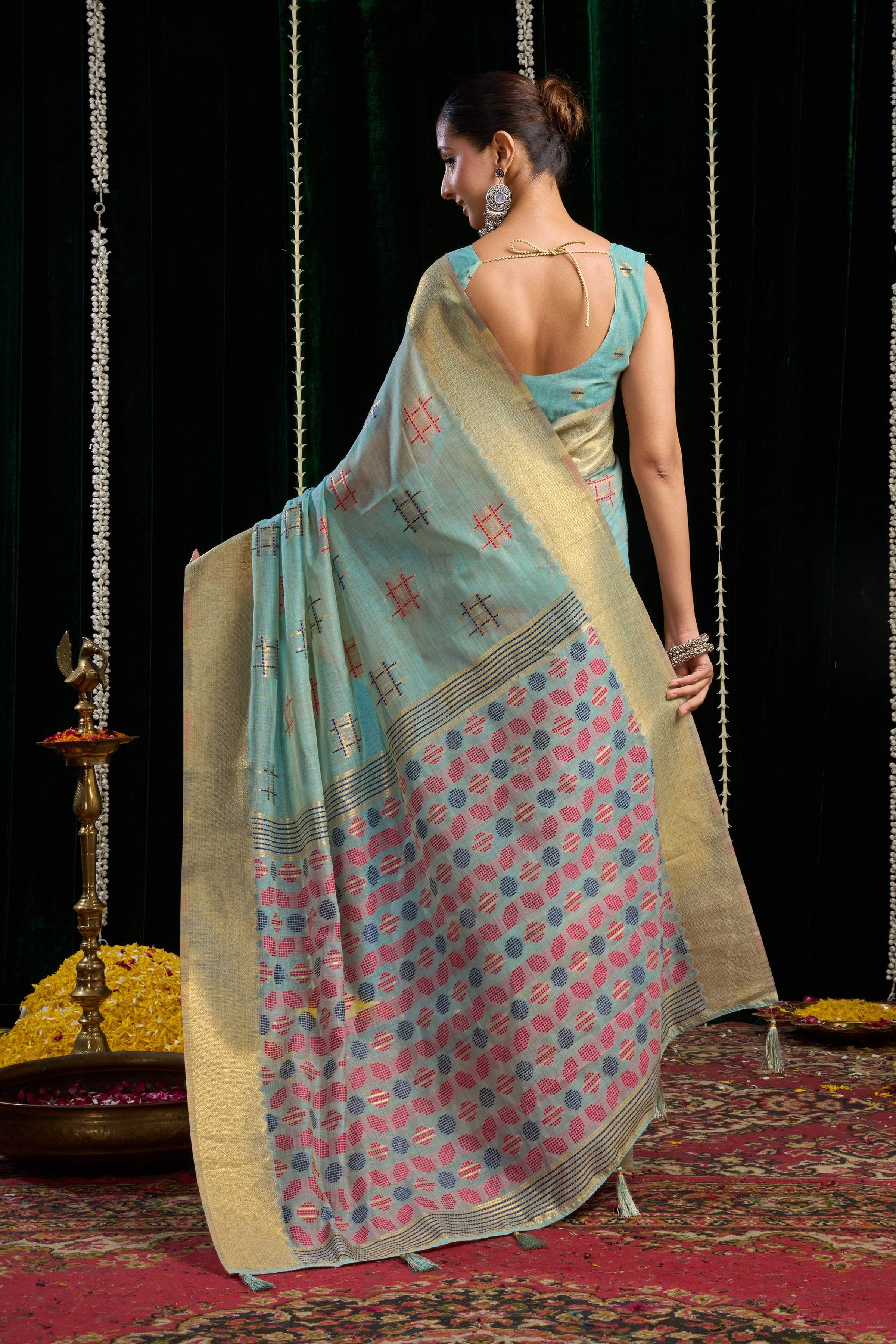 Jyoti Fashion Women's Turquoise Soft Spun Cotton Zari Woven Saree with Blouse - Distacart
