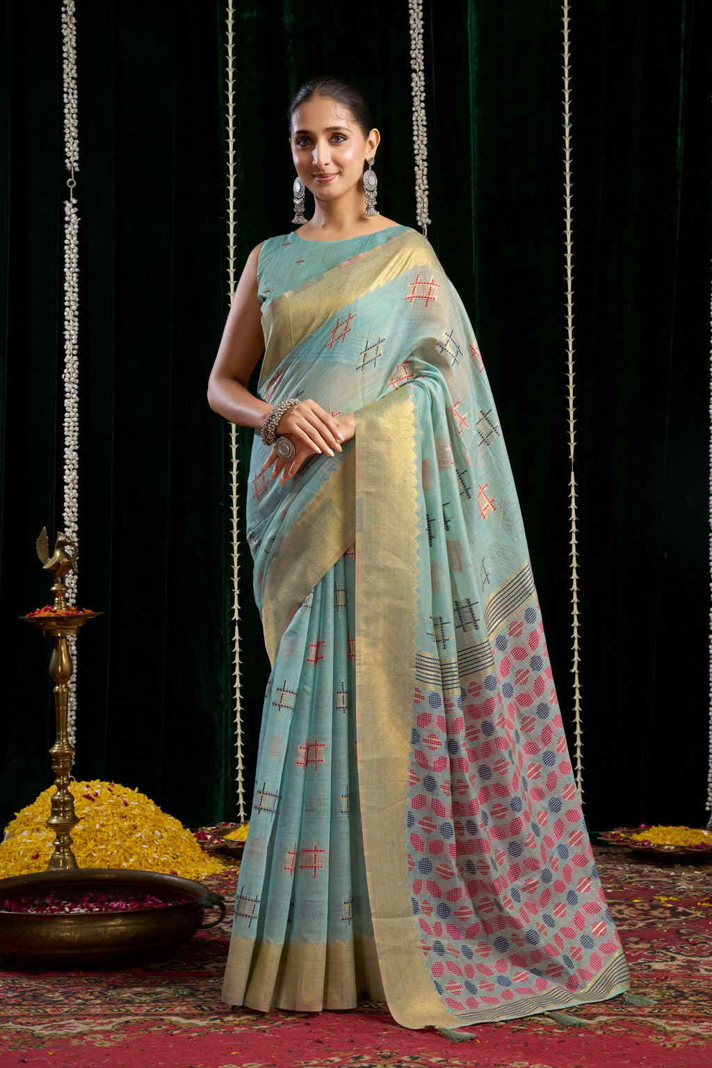 Jyoti Fashion Women's Turquoise Soft Spun Cotton Zari Woven Saree with Blouse - Distacart