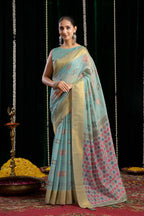 Jyoti Fashion Women's Turquoise Soft Spun Cotton Zari Woven Saree with Blouse - Distacart