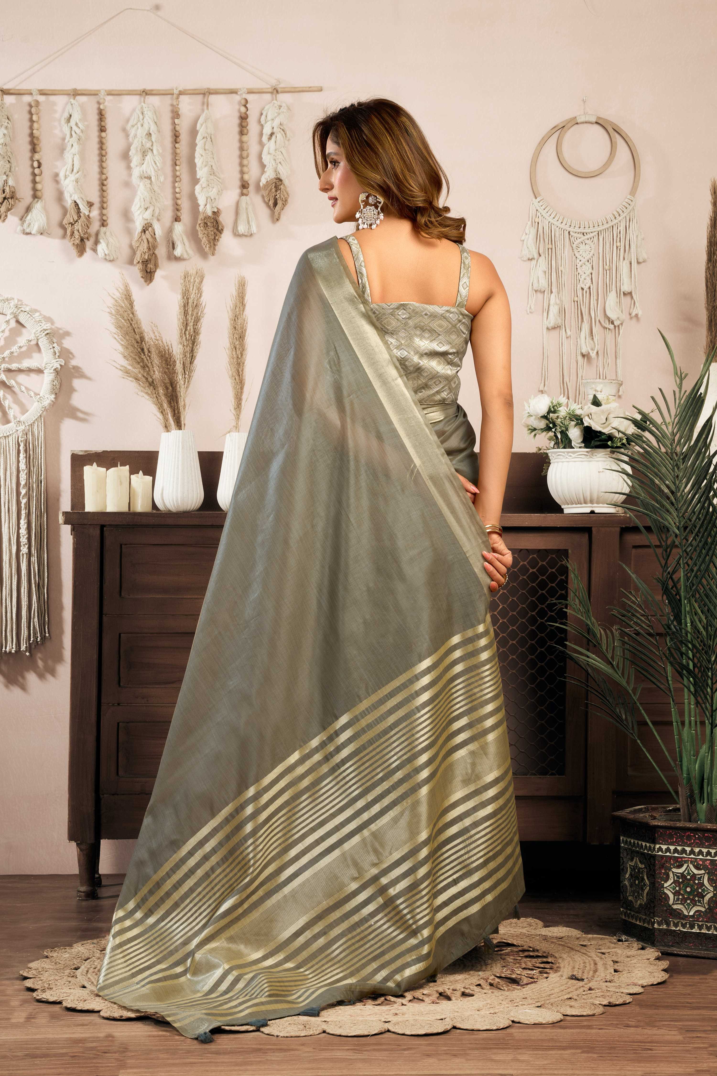 Jyoti Fashion Women's Grey Khadi Cotton Zari Woven Saree with Blouse - Distacart