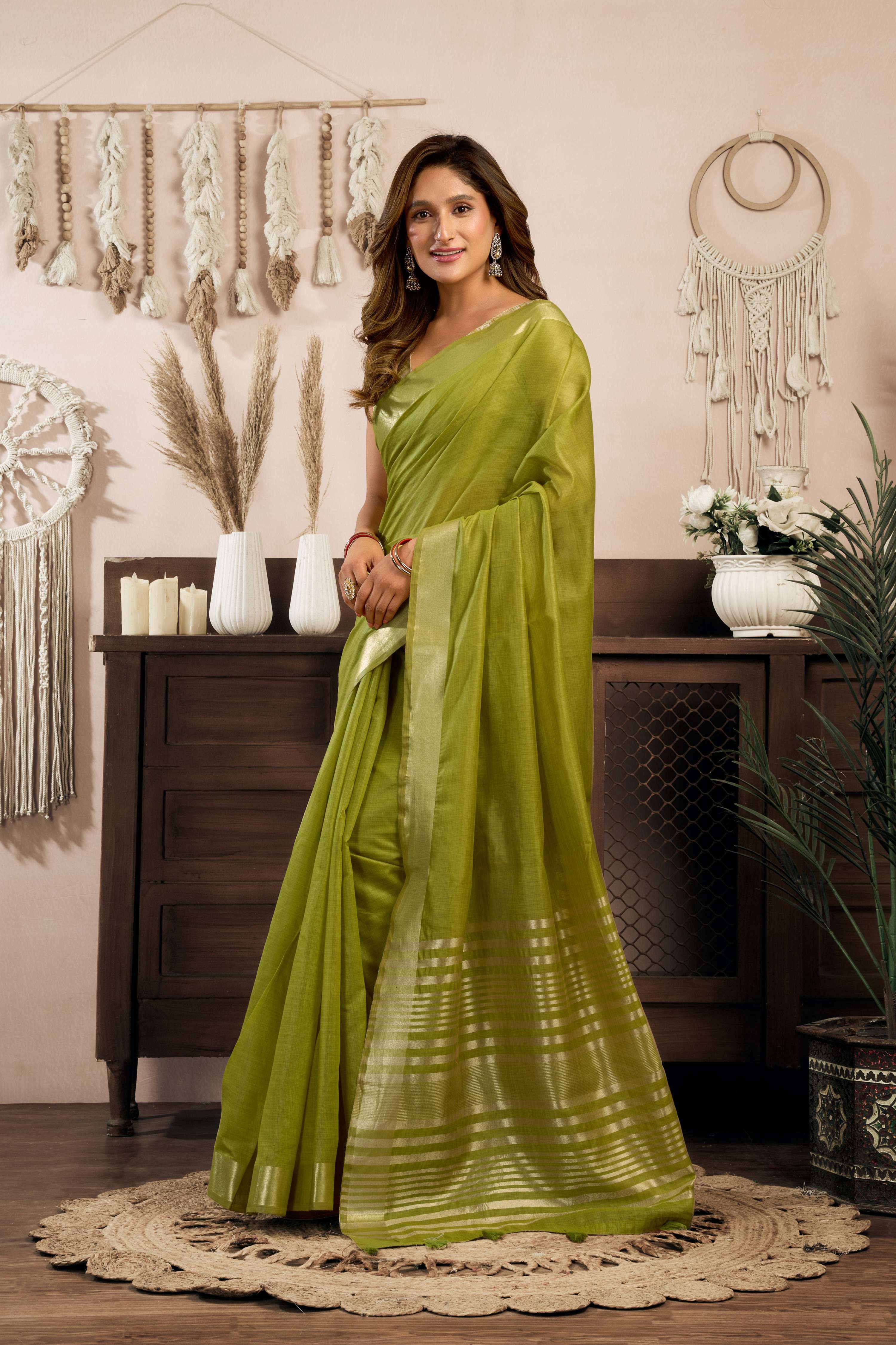 Jyoti Fashion Women's Green Khadi Cotton Zari Woven Saree with Blouse - Distacart