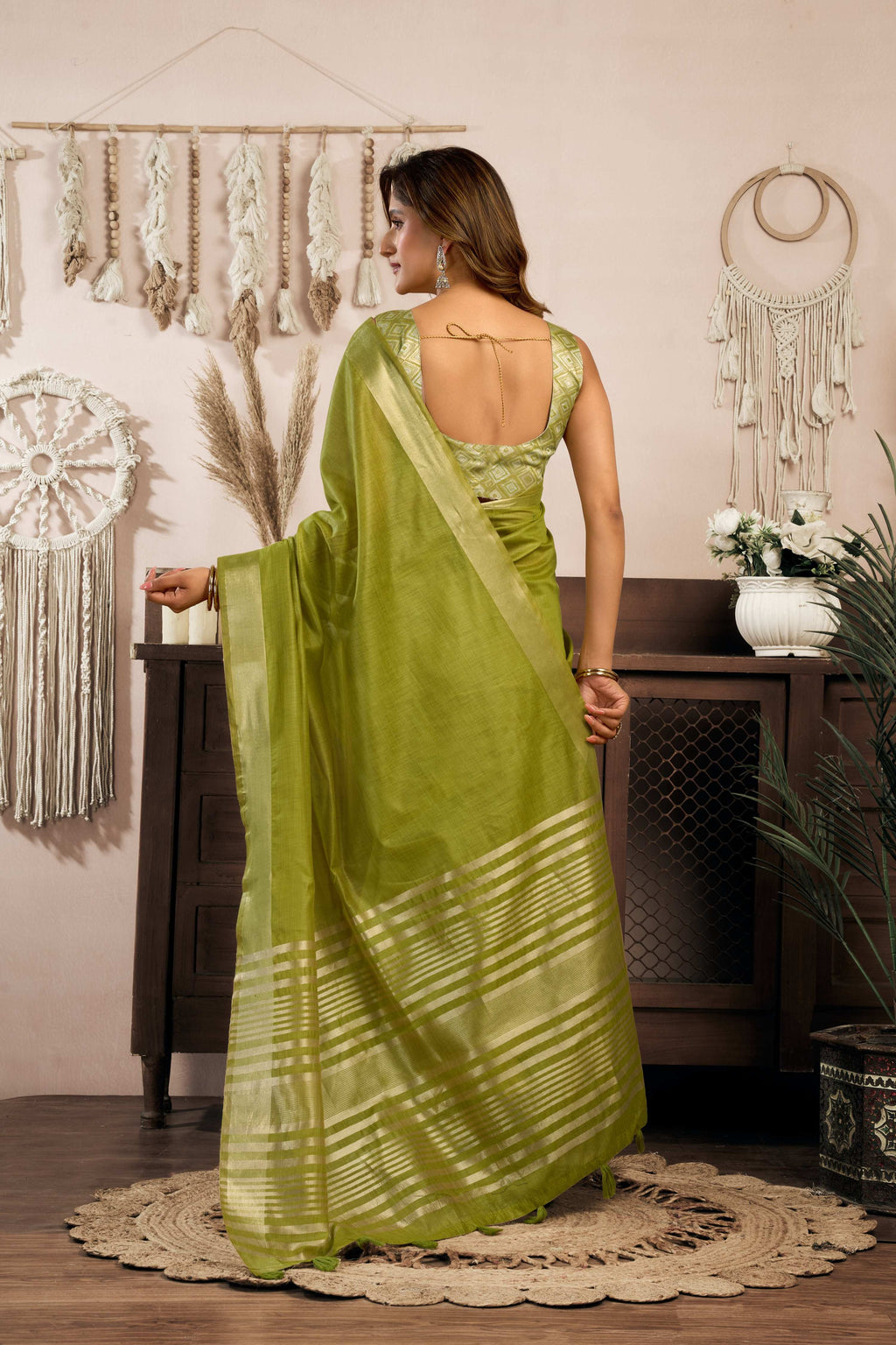 Jyoti Fashion Women's Green Khadi Cotton Zari Woven Saree with Blouse - Distacart