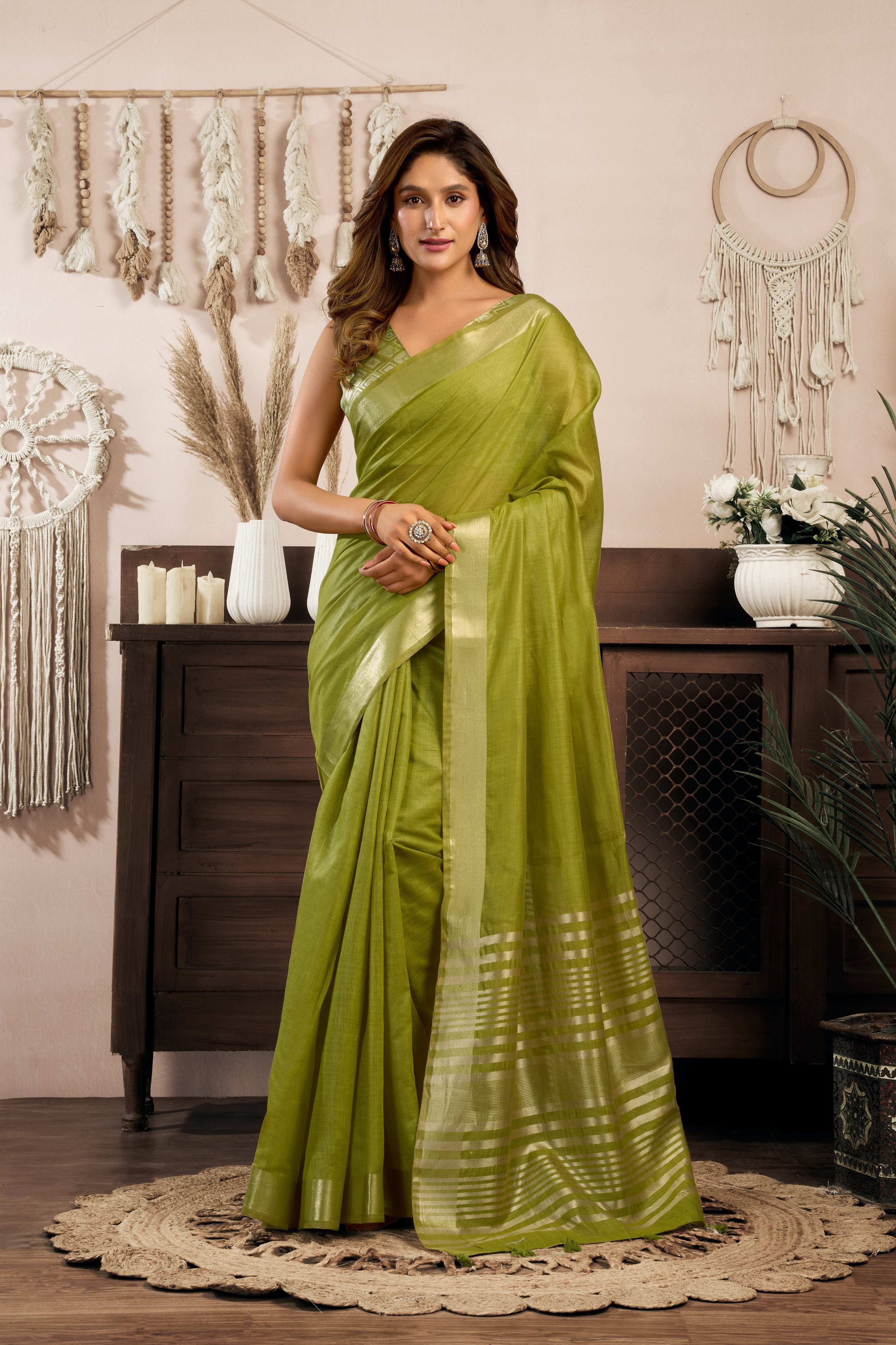 Jyoti Fashion Women's Green Khadi Cotton Zari Woven Saree with Blouse - Distacart