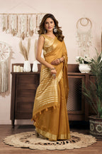 Jyoti Fashion Women's Mustard Khadi Cotton Zari Woven Saree with Blouse - Distacart