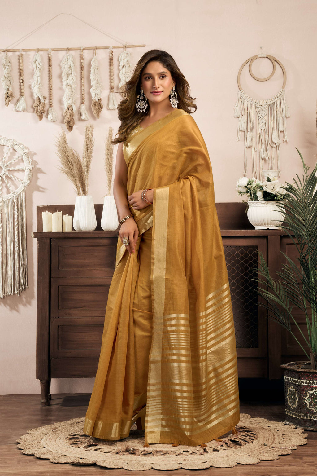 Jyoti Fashion Women's Mustard Khadi Cotton Zari Woven Saree with Blouse - Distacart