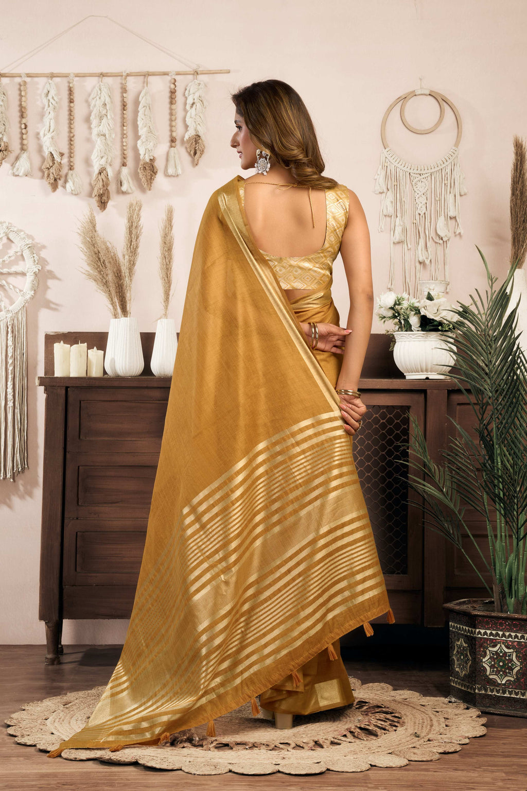 Jyoti Fashion Women's Mustard Khadi Cotton Zari Woven Saree with Blouse - Distacart