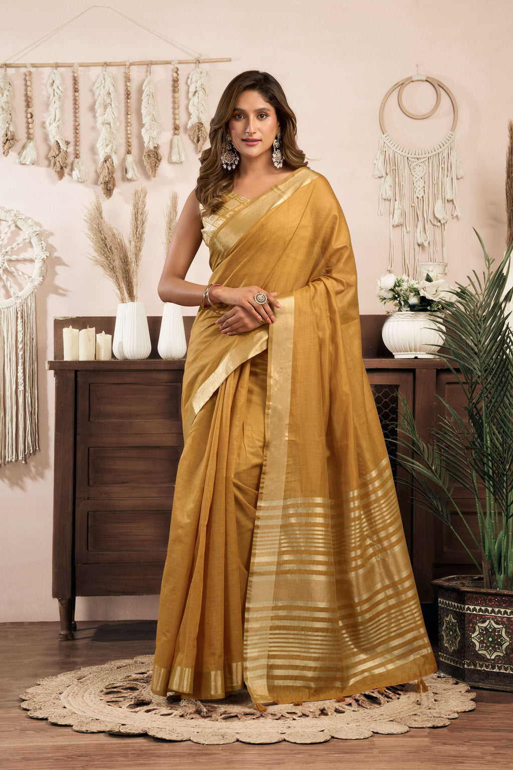 Jyoti Fashion Women's Mustard Khadi Cotton Zari Woven Saree with Blouse - Distacart