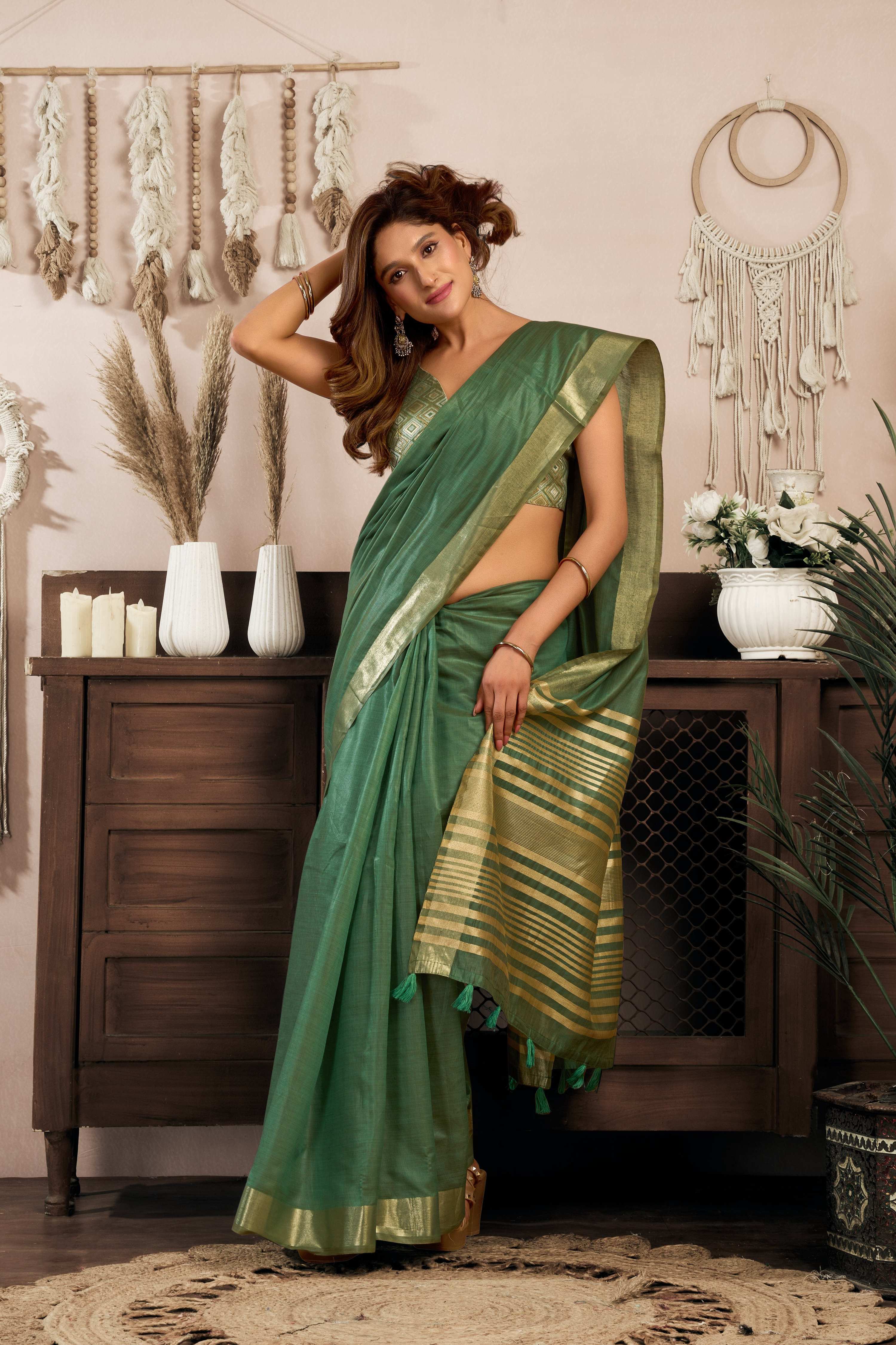 Jyoti Fashion Women's Bottle Green Khadi Cotton Zari Woven Saree with Blouse - Distacart