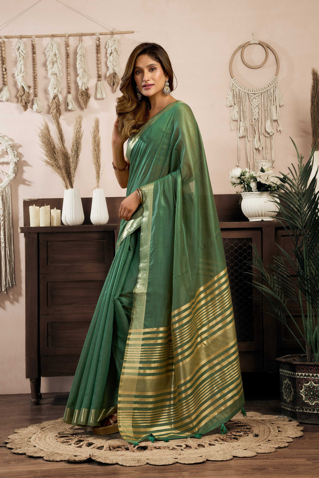 Jyoti Fashion Women's Bottle Green Khadi Cotton Zari Woven Saree with Blouse - Distacart
