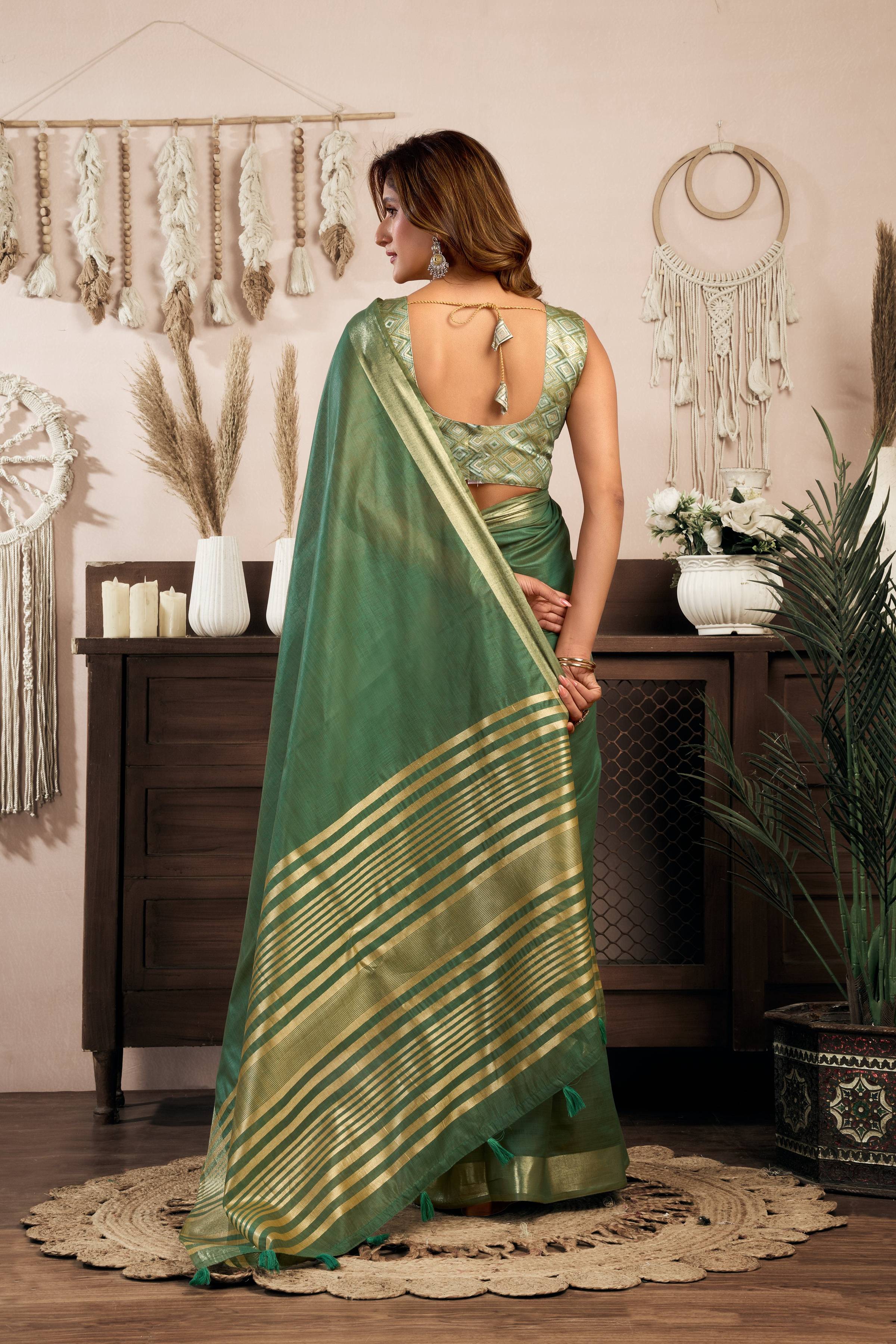 Jyoti Fashion Women's Bottle Green Khadi Cotton Zari Woven Saree with Blouse - Distacart