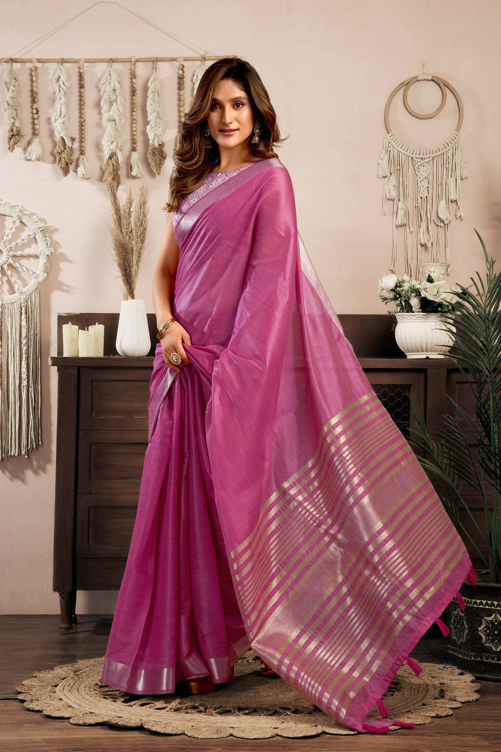 Jyoti Fashion Women's Magenta Khadi Cotton Zari Woven Saree with Blouse - Distacart