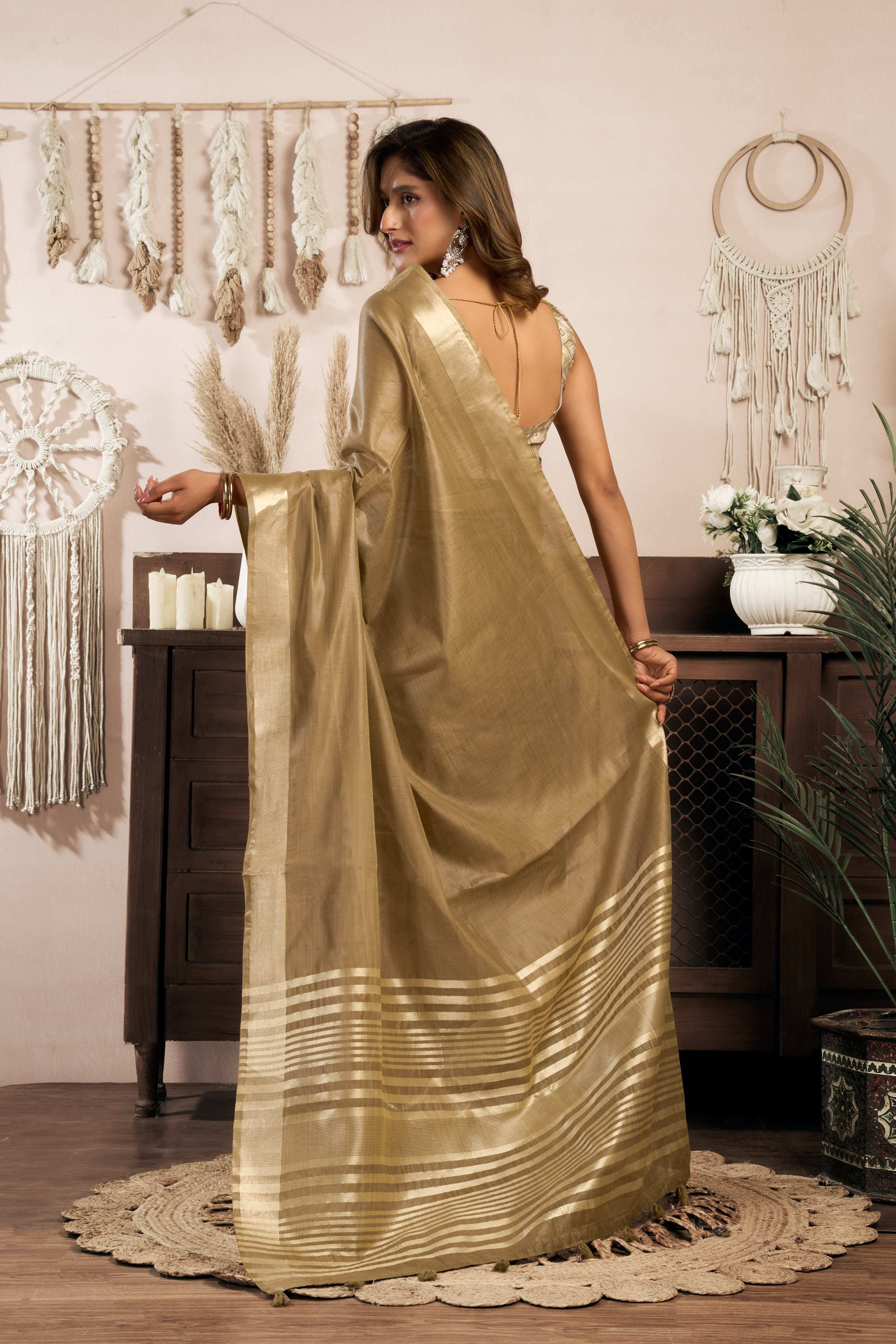 Jyoti Fashion Women's Beige Khadi Cotton Zari Woven Saree with Blouse - Distacart