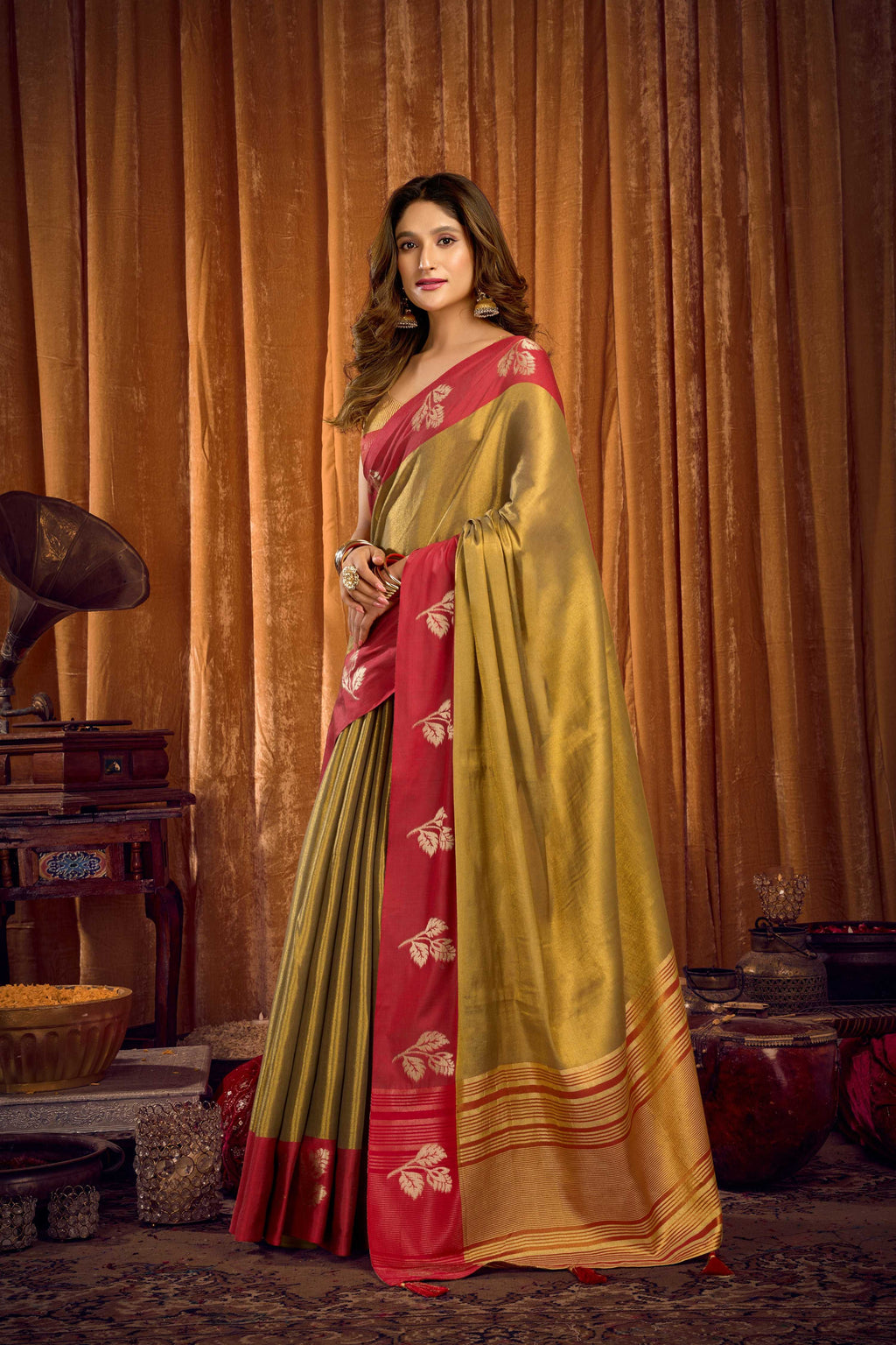 Jyoti Fashion Women's Mehendi Soft Tissue Zari Woven Saree with Blouse - Distacart
