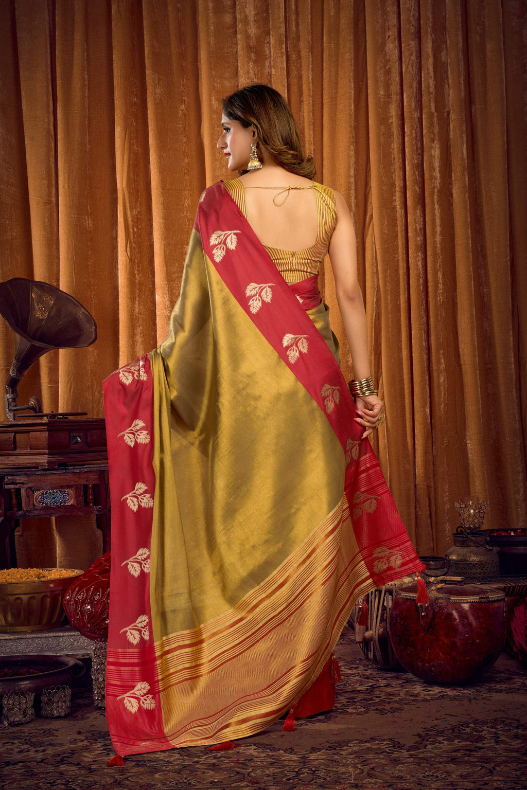 Jyoti Fashion Women's Mehendi Soft Tissue Zari Woven Saree with Blouse - Distacart