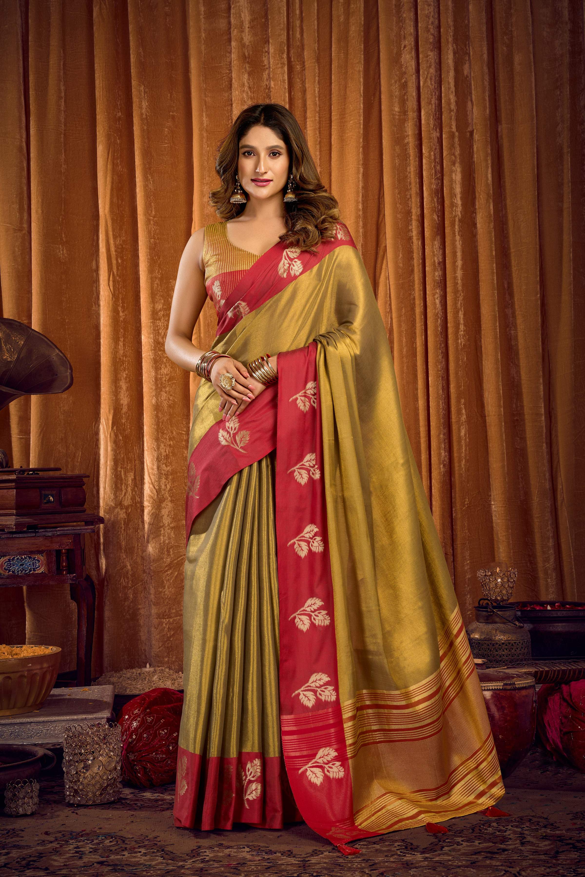 Jyoti Fashion Women's Mehendi Soft Tissue Zari Woven Saree with Blouse - Distacart