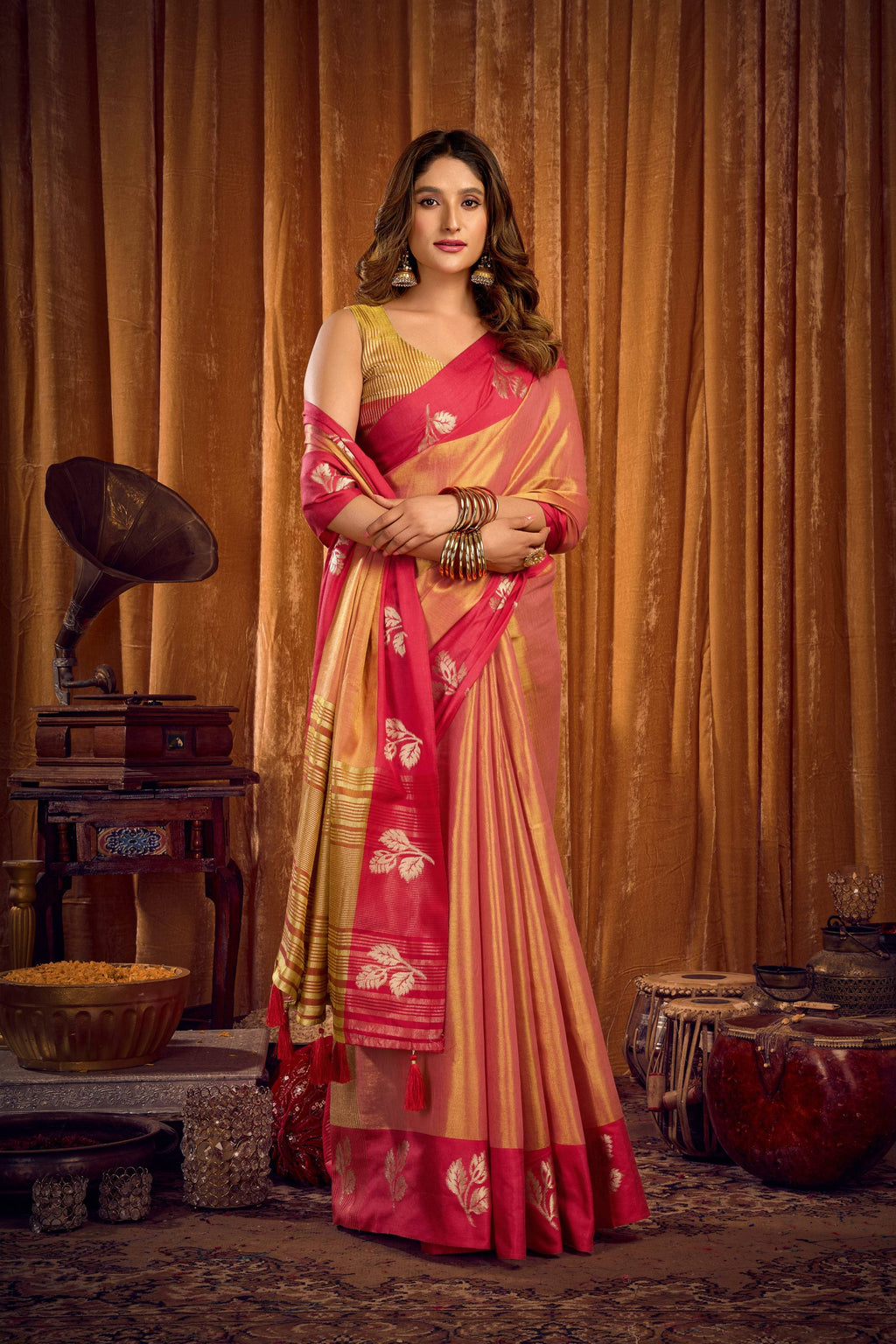 Jyoti Fashion Women's Peach Soft Tissue Zari Woven Saree with Blouse - Distacart