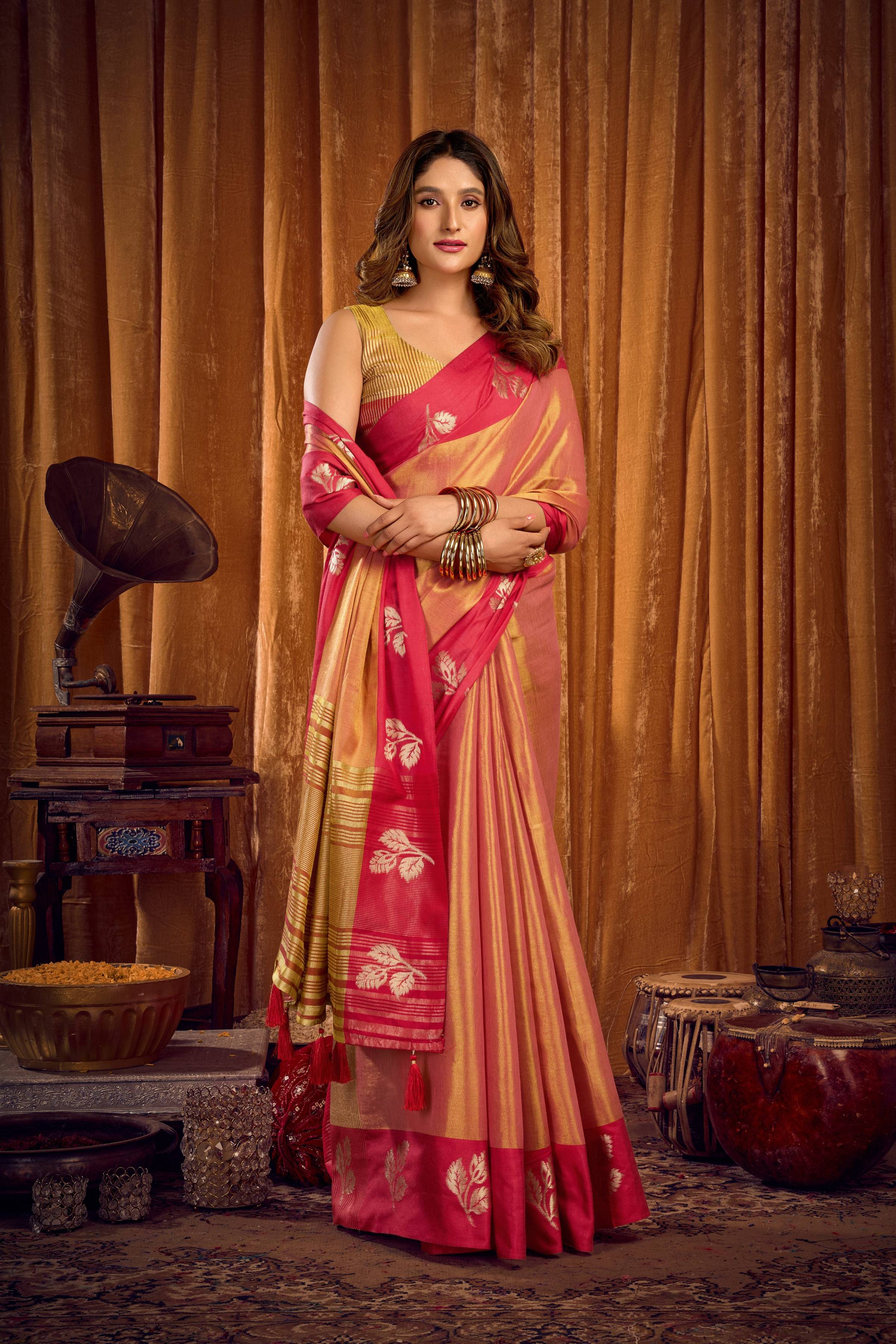 Jyoti Fashion Women's Peach Soft Tissue Zari Woven Saree with Blouse - Distacart
