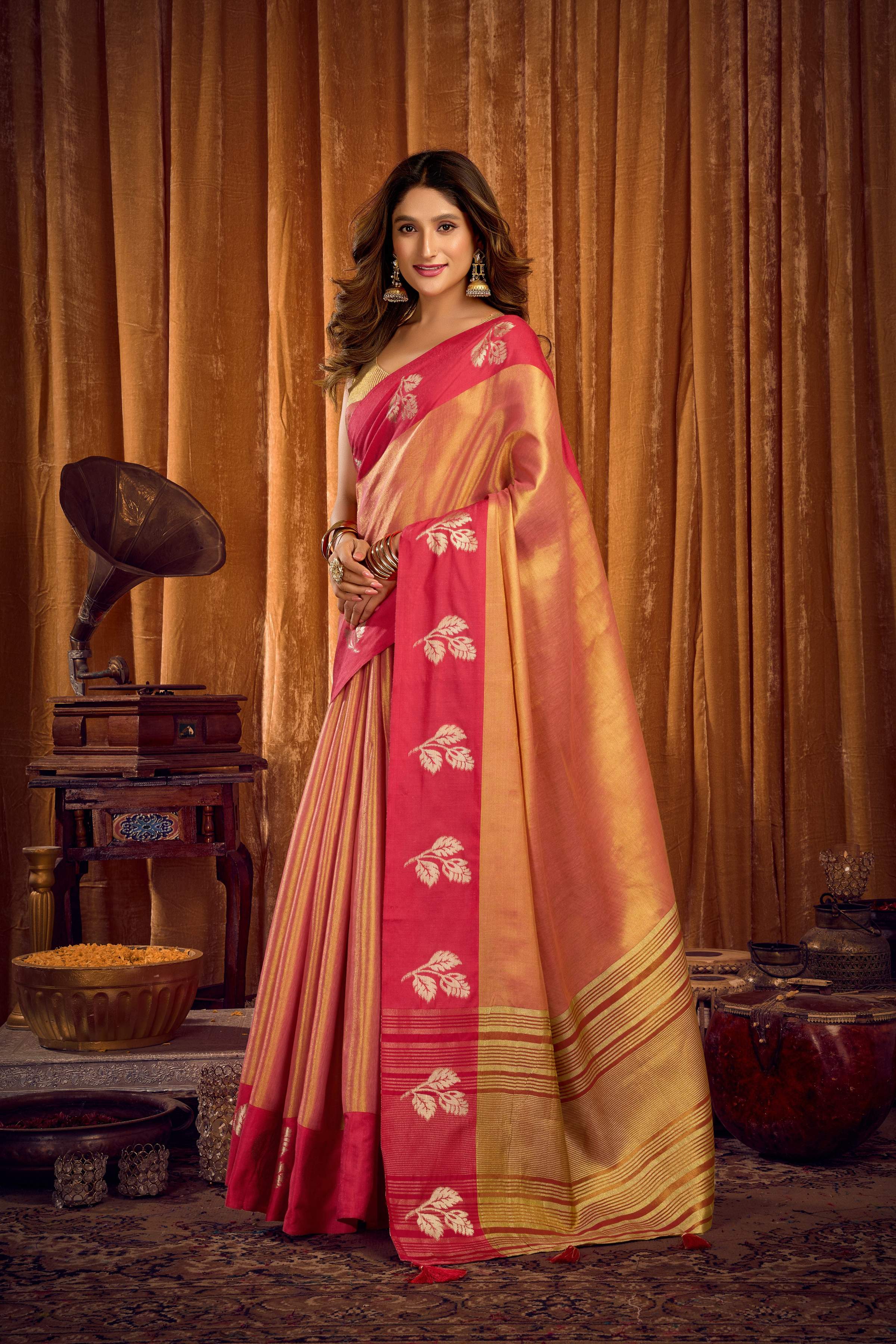 Jyoti Fashion Women's Peach Soft Tissue Zari Woven Saree with Blouse - Distacart