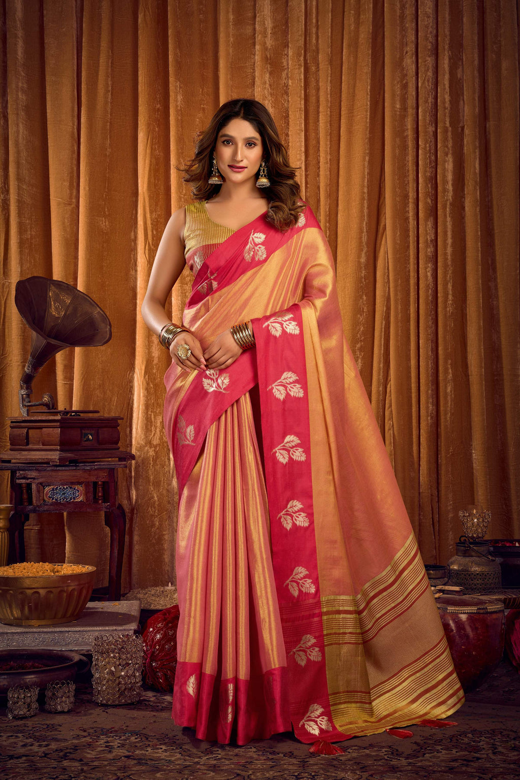 Jyoti Fashion Women's Peach Soft Tissue Zari Woven Saree with Blouse - Distacart