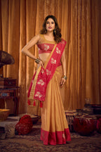 Jyoti Fashion Women's Beige Soft Tissue Zari Woven Saree with Blouse - Distacart
