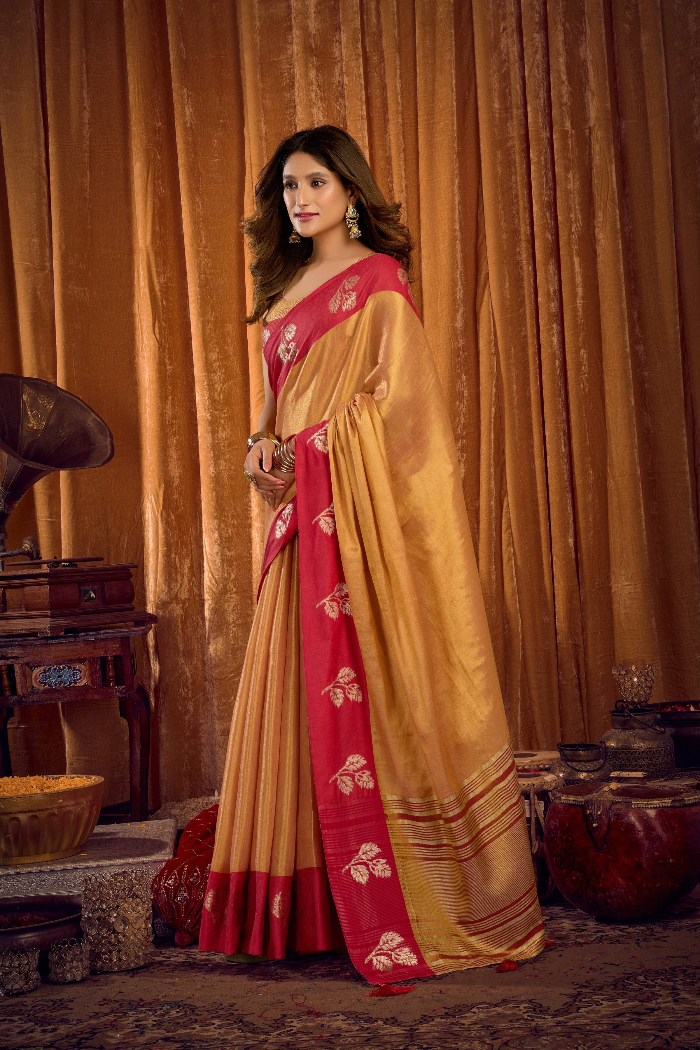 Jyoti Fashion Women's Beige Soft Tissue Zari Woven Saree with Blouse - Distacart