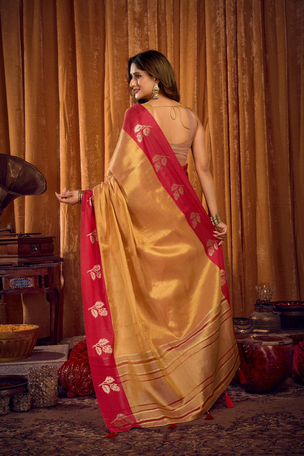 Jyoti Fashion Women's Beige Soft Tissue Zari Woven Saree with Blouse - Distacart