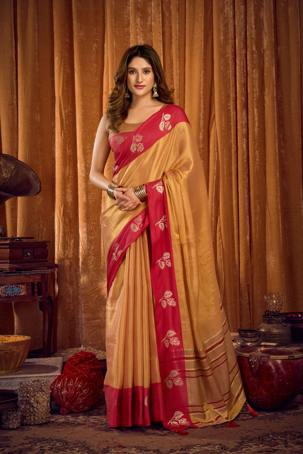 Jyoti Fashion Women's Beige Soft Tissue Zari Woven Saree with Blouse - Distacart