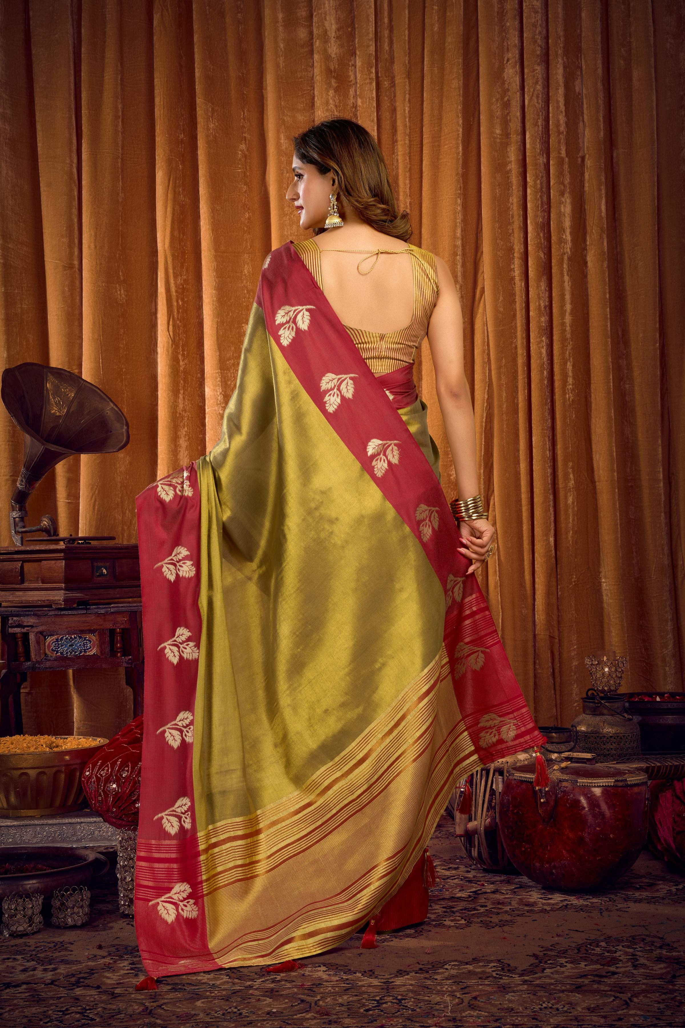 Jyoti Fashion Women's Mehendi Soft Tissue Zari Woven Saree with Blouse - Distacart