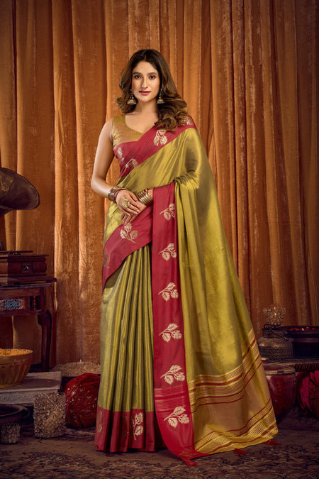Jyoti Fashion Women's Mehendi Soft Tissue Zari Woven Saree with Blouse