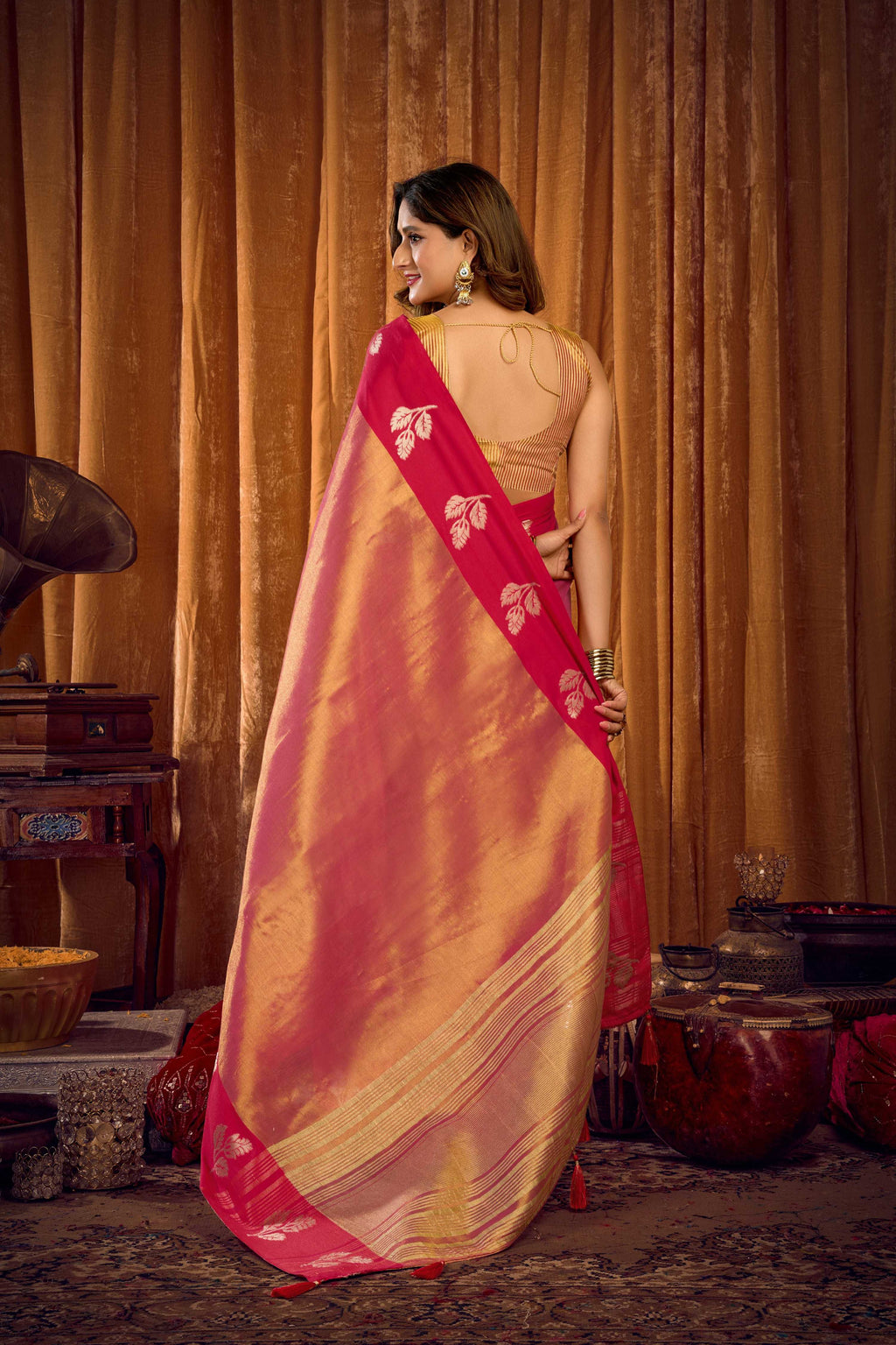 Jyoti Fashion Women's Pink Soft Tissue Zari Woven Saree with Blouse - Distacart