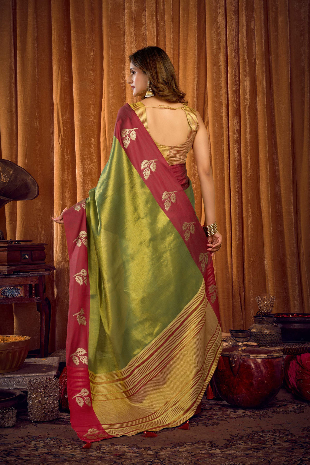 Jyoti Fashion Women's Green Soft Tissue Zari Woven Saree with Blouse - Distacart